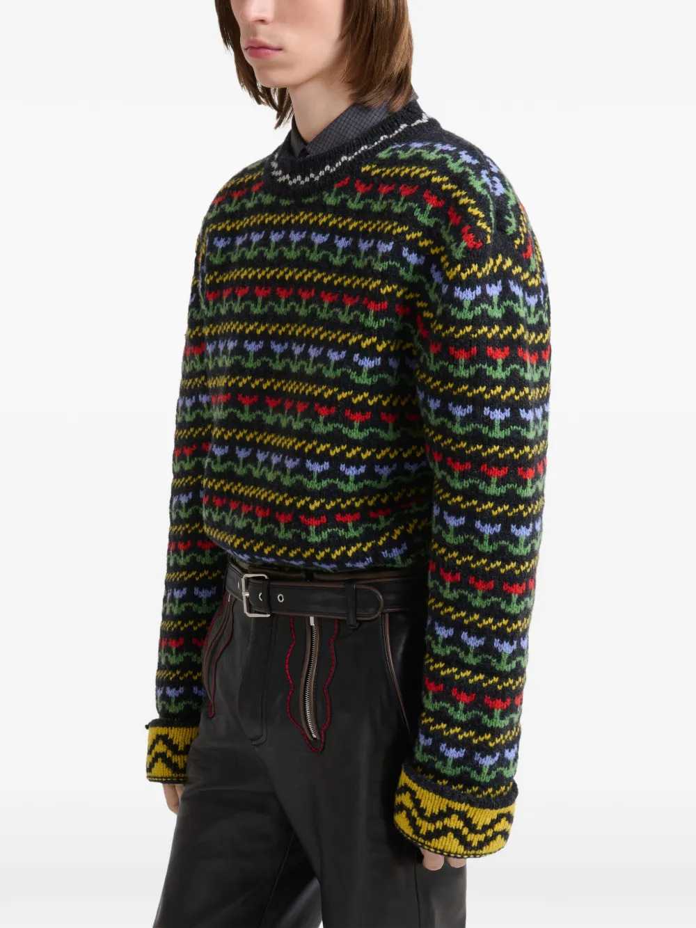 Marni Men Black Shetland Wool Sweater With Fair Isle Pattern MARNI