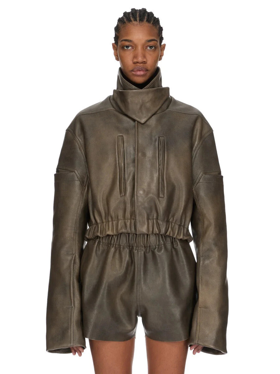 Rick Owens Women Leather Bomber Jacket - Collared Mac Bomber Washed RICK OWENS