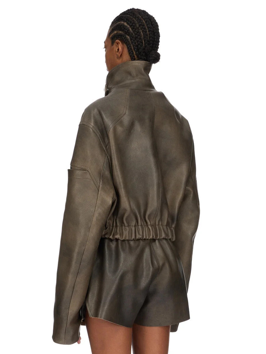 Rick Owens Women Leather Bomber Jacket - Collared Mac Bomber Washed RICK OWENS