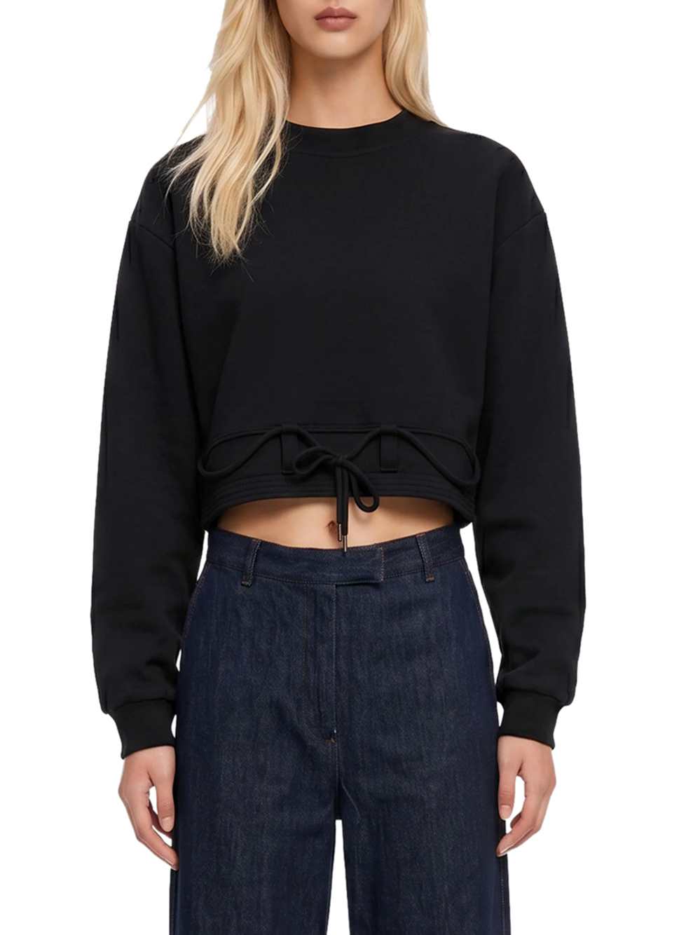 Dries Van Noten Women Black Drawstring Crew-Neck Cropped Sweatshirt DRIES VAN NOTEN