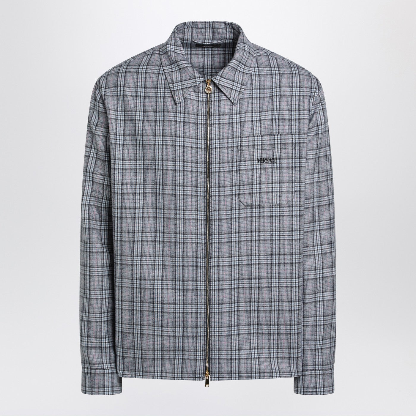 Versace Light Blue Zip-Up Checked Shirt Men VERSACE