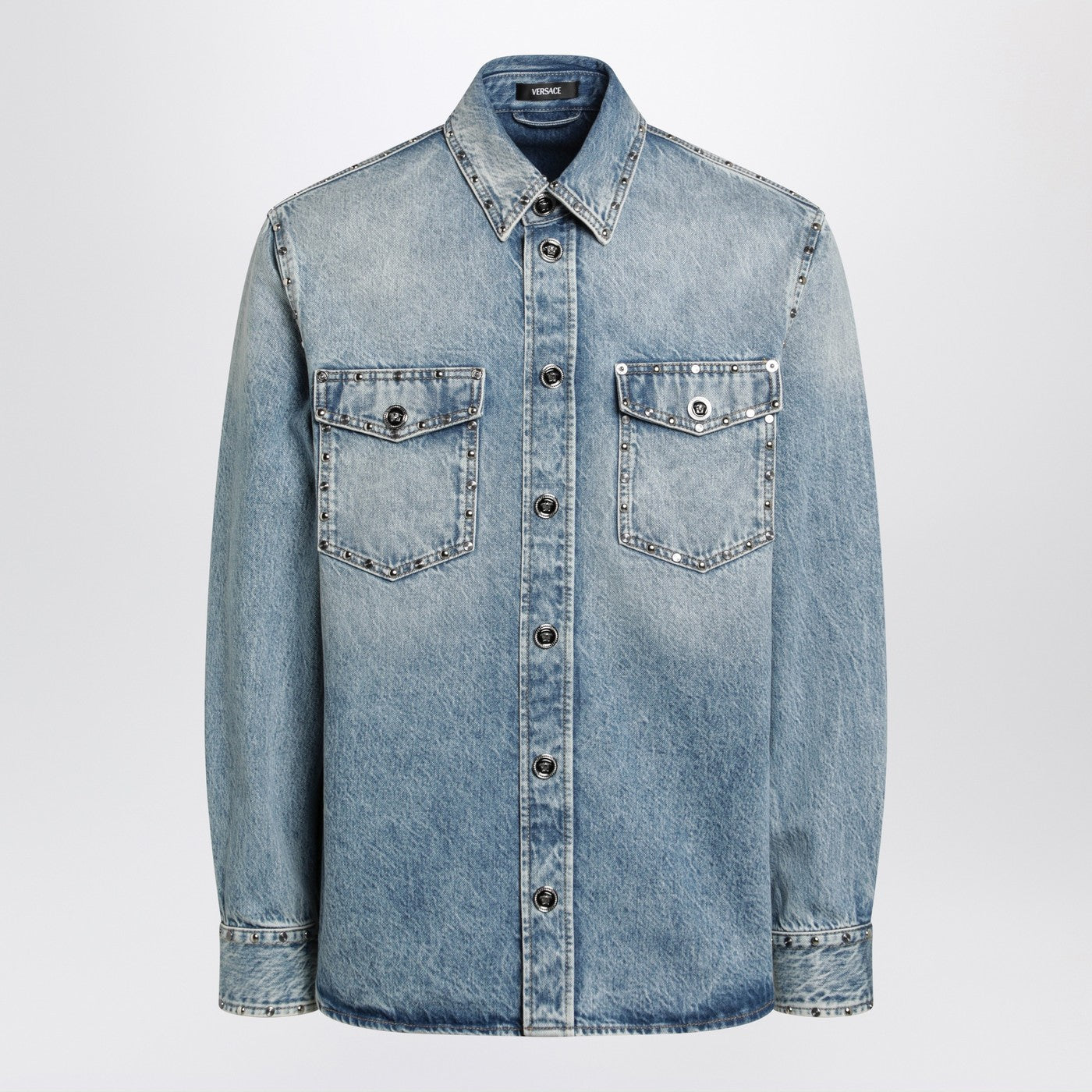 Versace Light Blue Stone-Washed Denim Shirt With Studs Men VERSACE