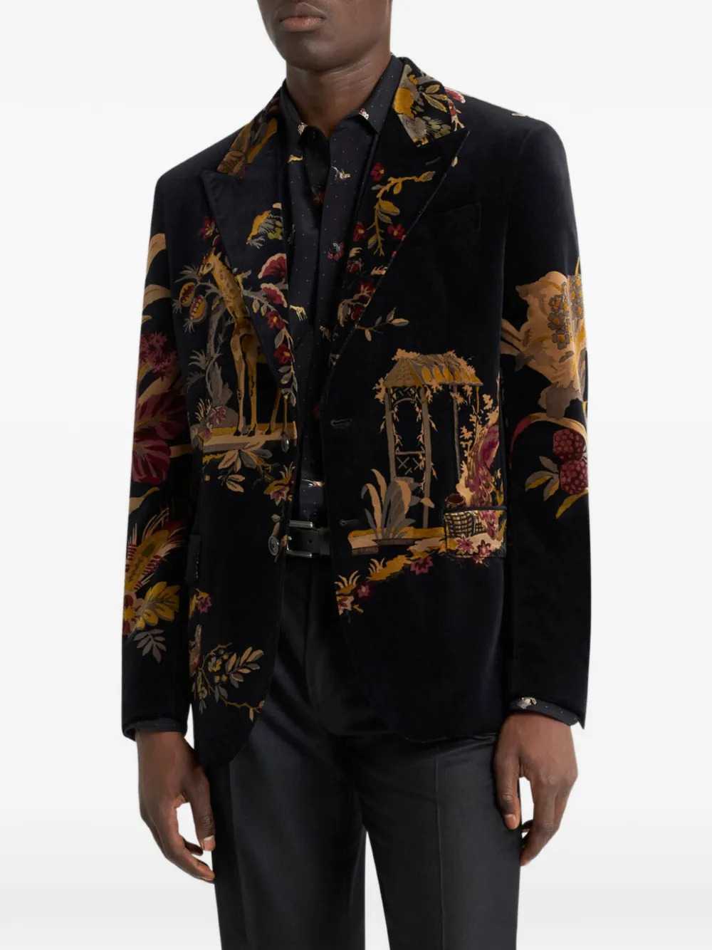Etro Men Single-Breasted Cotton Velvet Jacket With Applied Floral And Animal Print ETRO