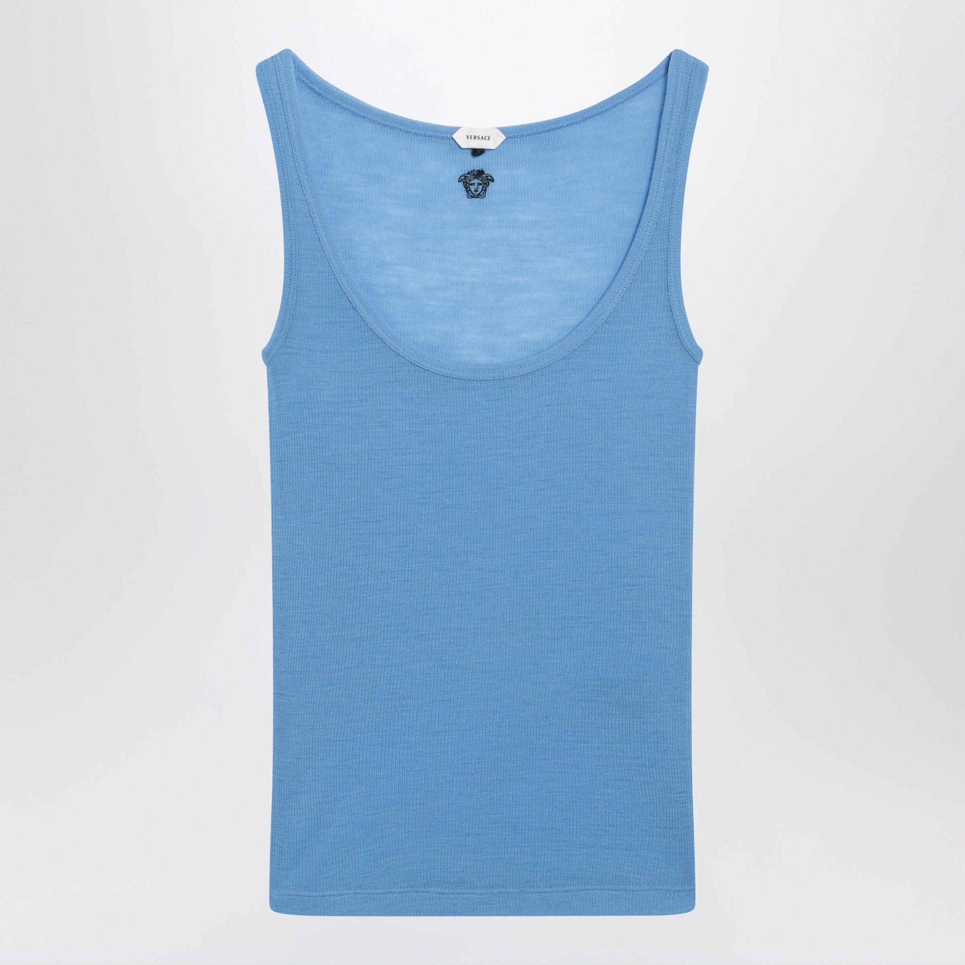 Versace Blue Wool Tank Top With Logo Embroidery Women VERSACE