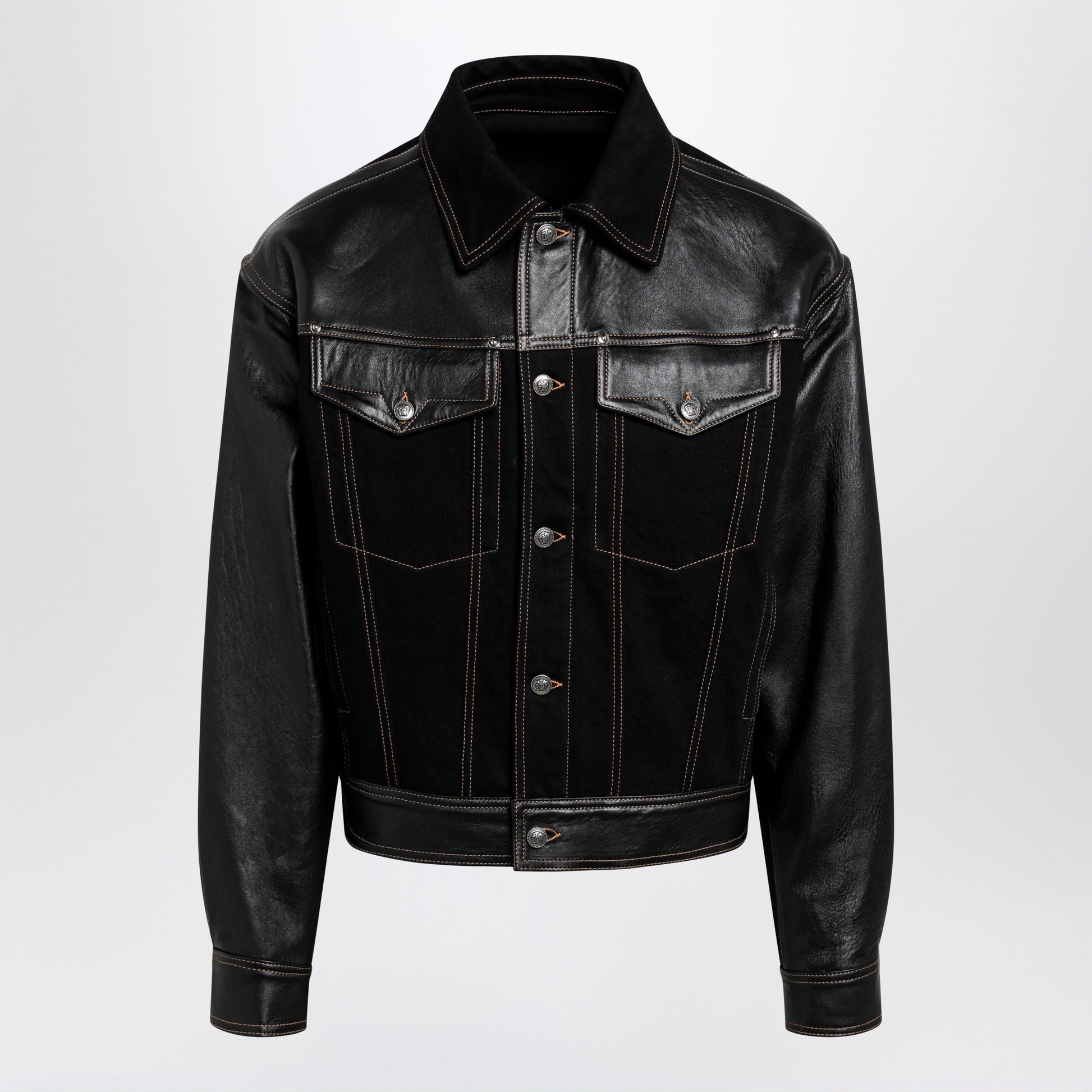 Versace Black Denim And Leather Bomber Jacket Men VERSACE