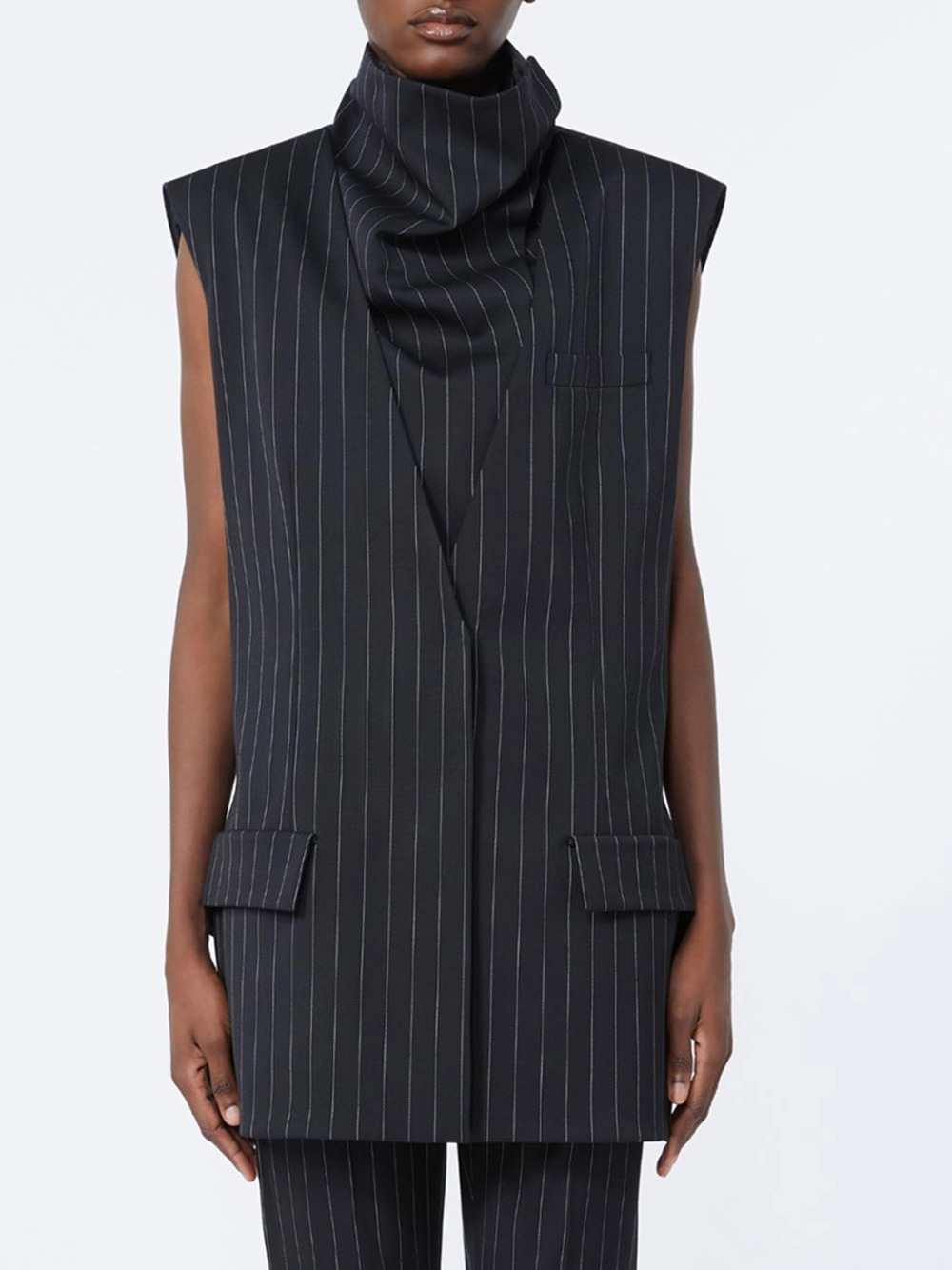 Sportmax Women Pinstriped Wool Sleeveless Jacket - Black SPORTMAX