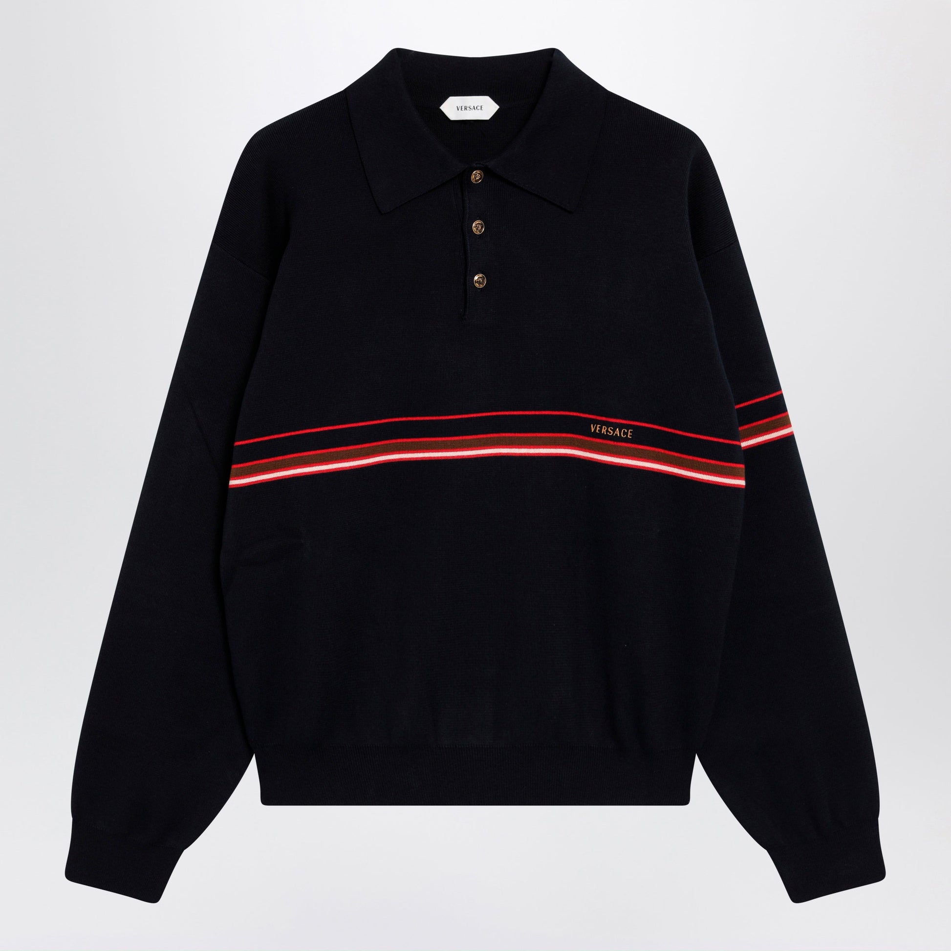 Versace Navy Blue Cotton Knit Polo Shirt With Embroidered Logo Men VERSACE