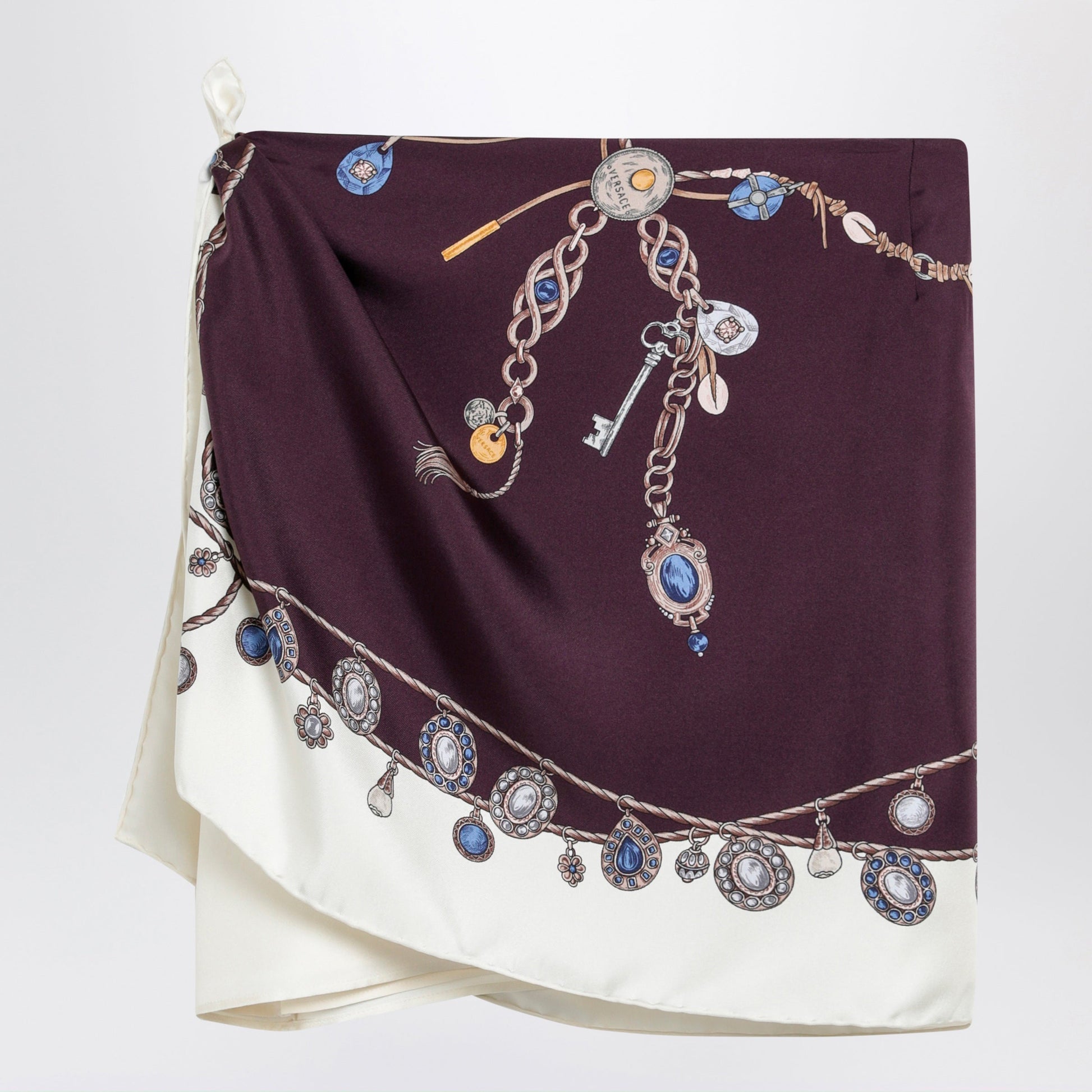 Versace Stolen Jewels Printed Silk Twill Mini Skirt In Burgundy Women VERSACE