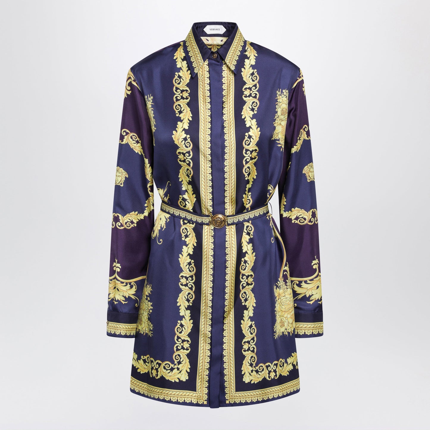 Versace Eggplant Chemisier Mini Dress With Baroque Print Women VERSACE