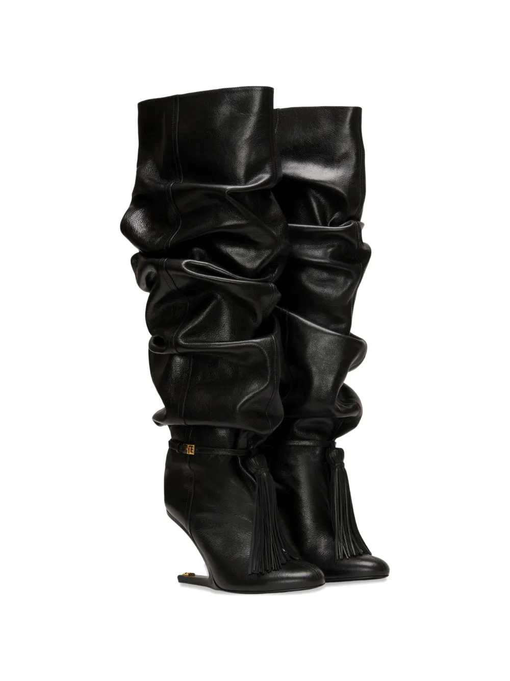 Balmain Women Textured Leather Thigh-High Boots With Tassels BALMAIN