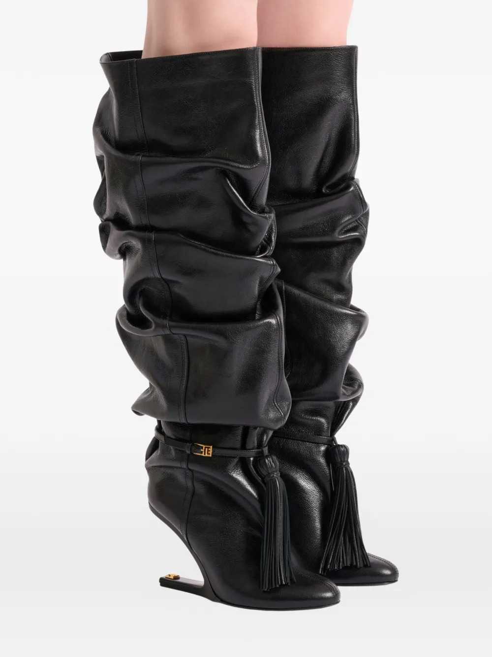 Balmain Women Textured Leather Thigh-High Boots With Tassels BALMAIN