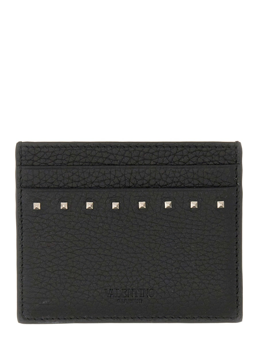 Valentino Garavani Men Garnet Calfskin "Rockstud" Card Holder VALENTINO GARAVANI