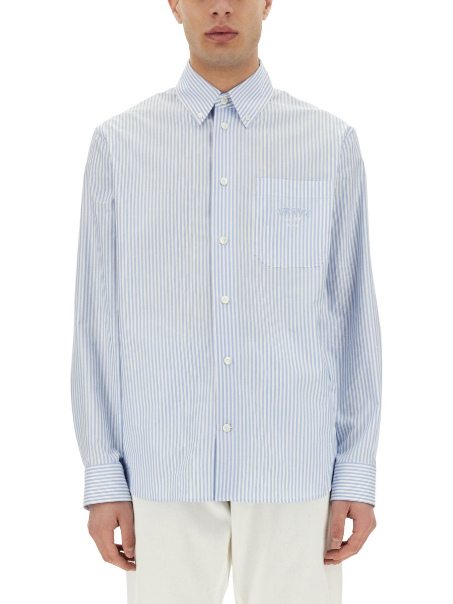 Versace Men Striped Shirt With Silk Printed Insert VERSACE