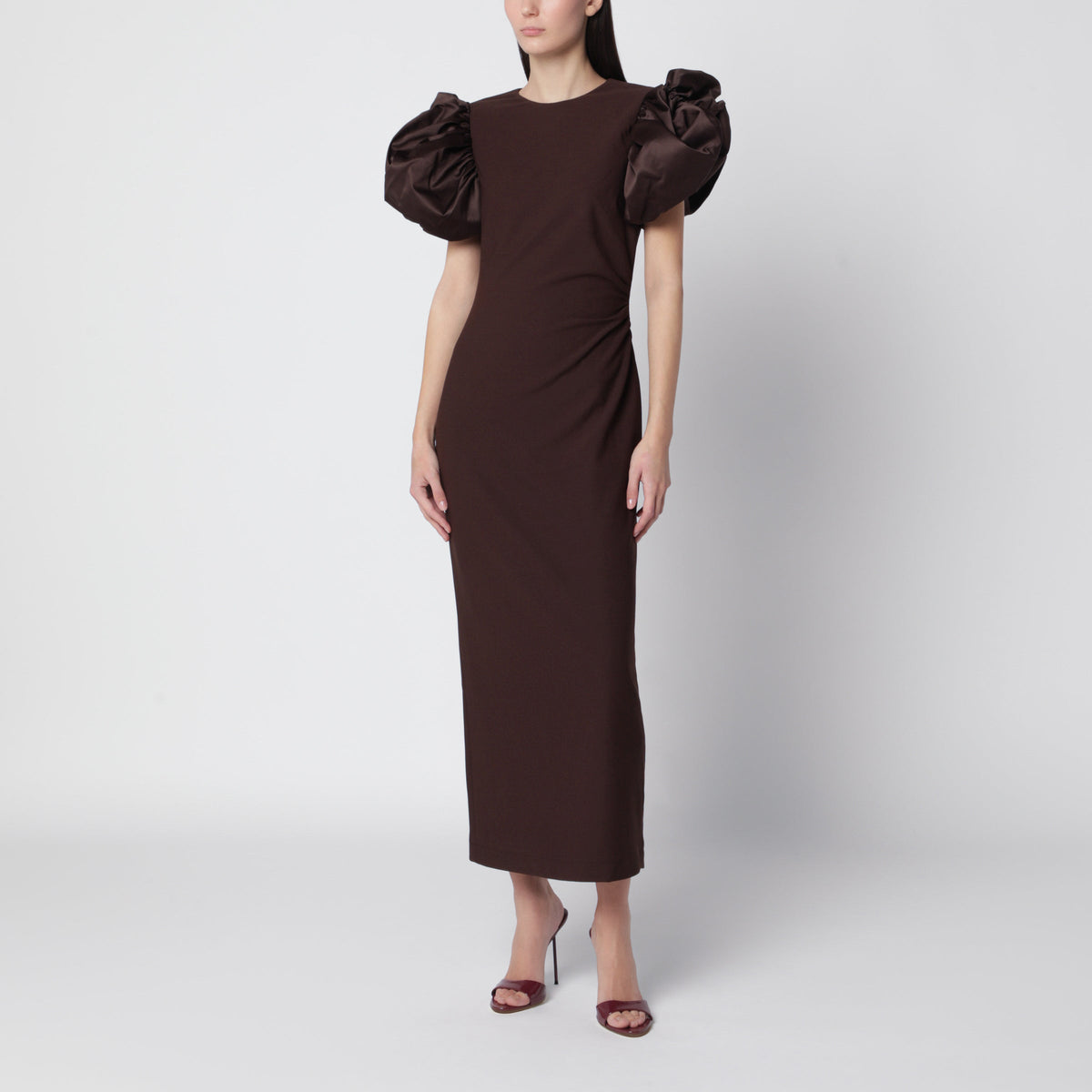 Rotate Mole Brown Draped Puff Midi Dress Women ROTATE