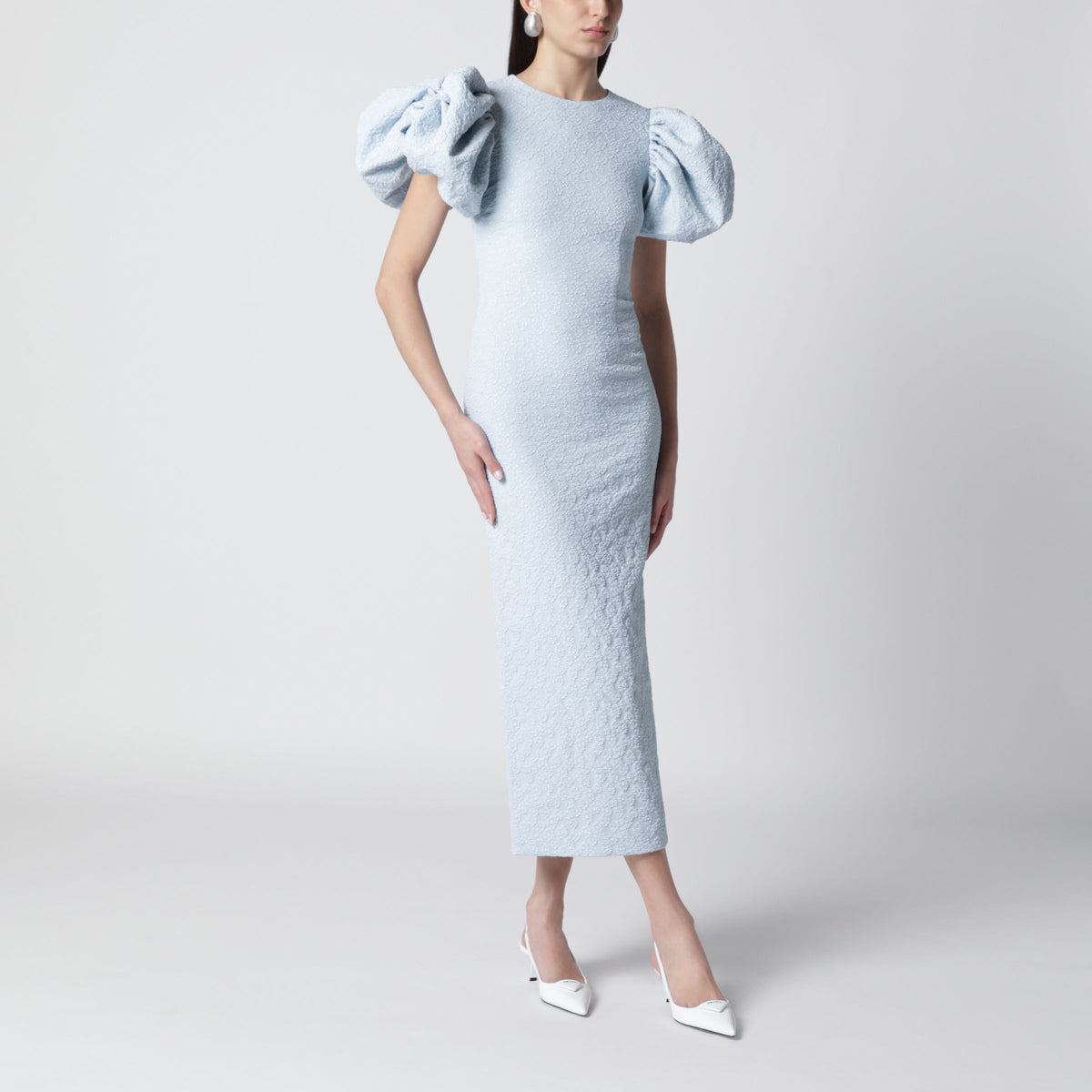 Rotate Light Blue Balloon Jacquard Midi Dress Women ROTATE