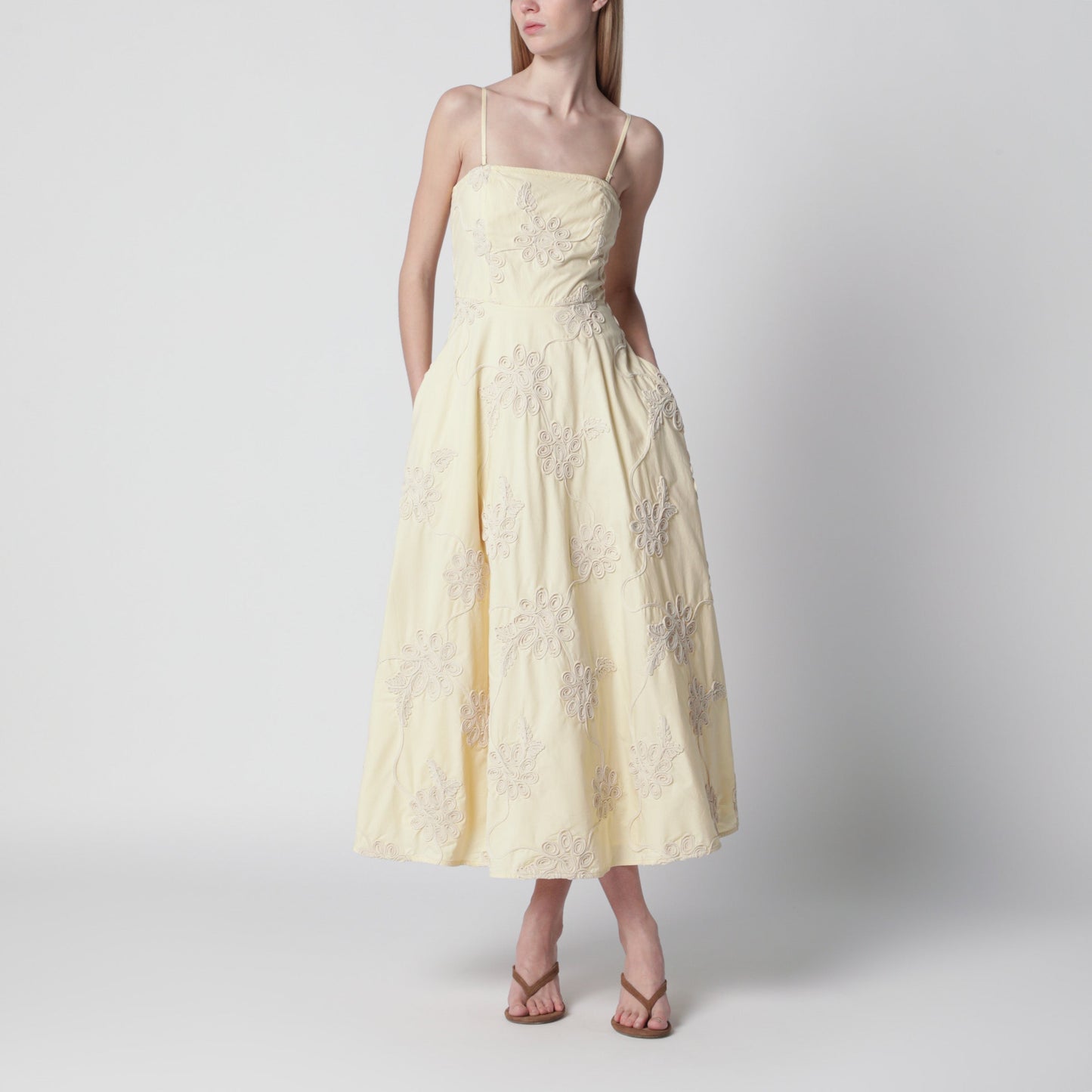 Rotate Yellow Midi Dress With Floral Appliques Women ROTATE