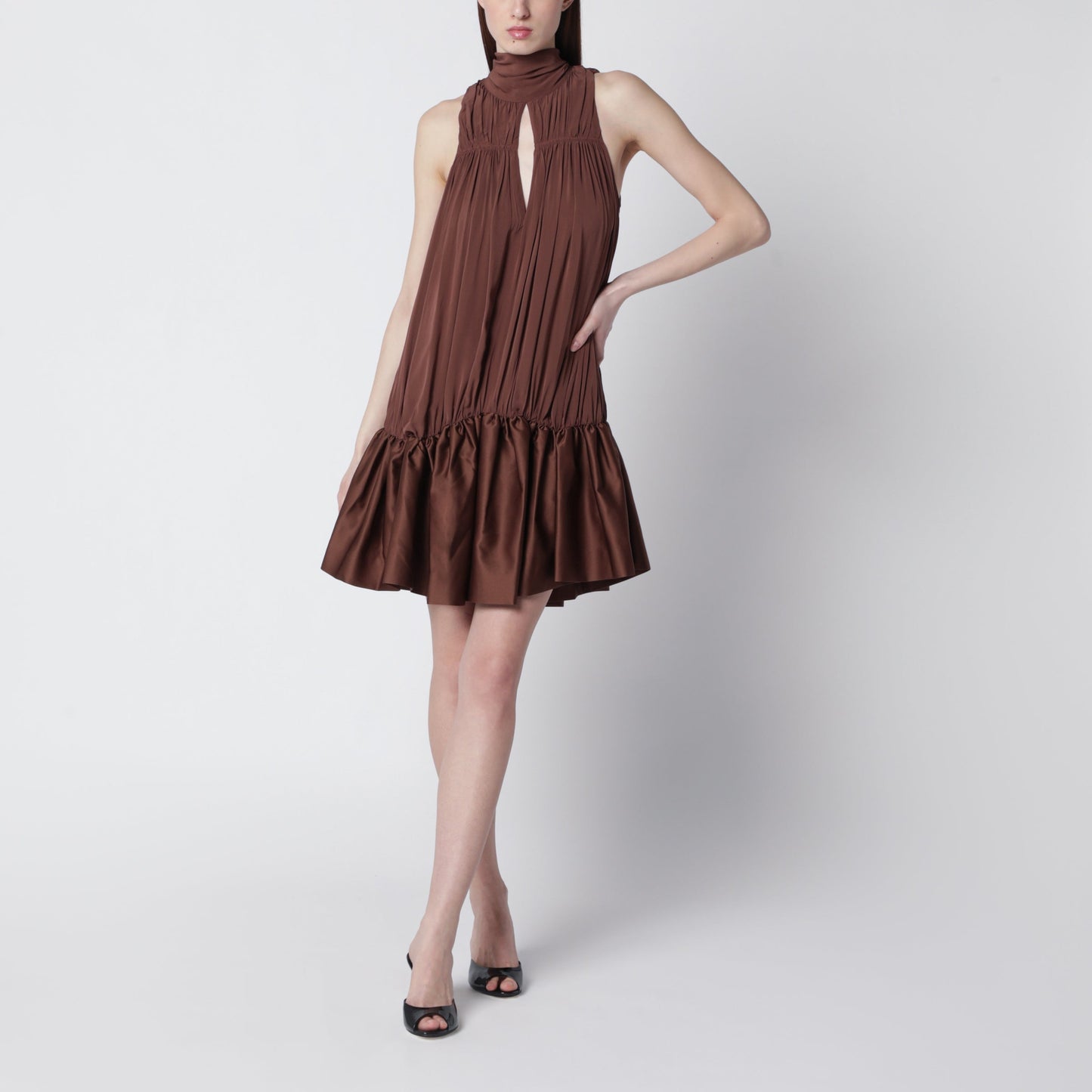 Rotate Dark Brown Gathered Mini Dress With Ruching Women ROTATE