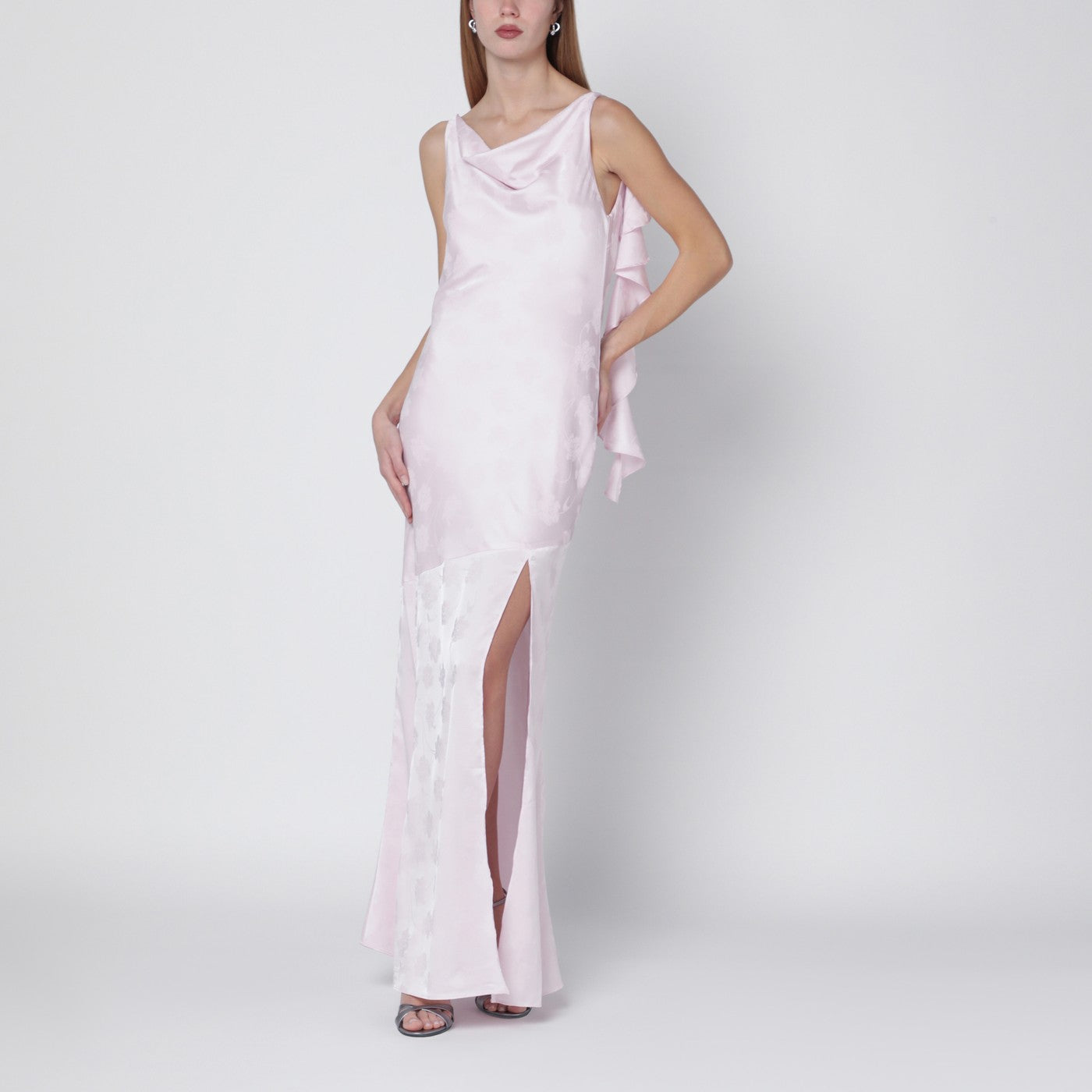 Rotate Long Pink Satin Jacquard Dress With Ruffles Women ROTATE