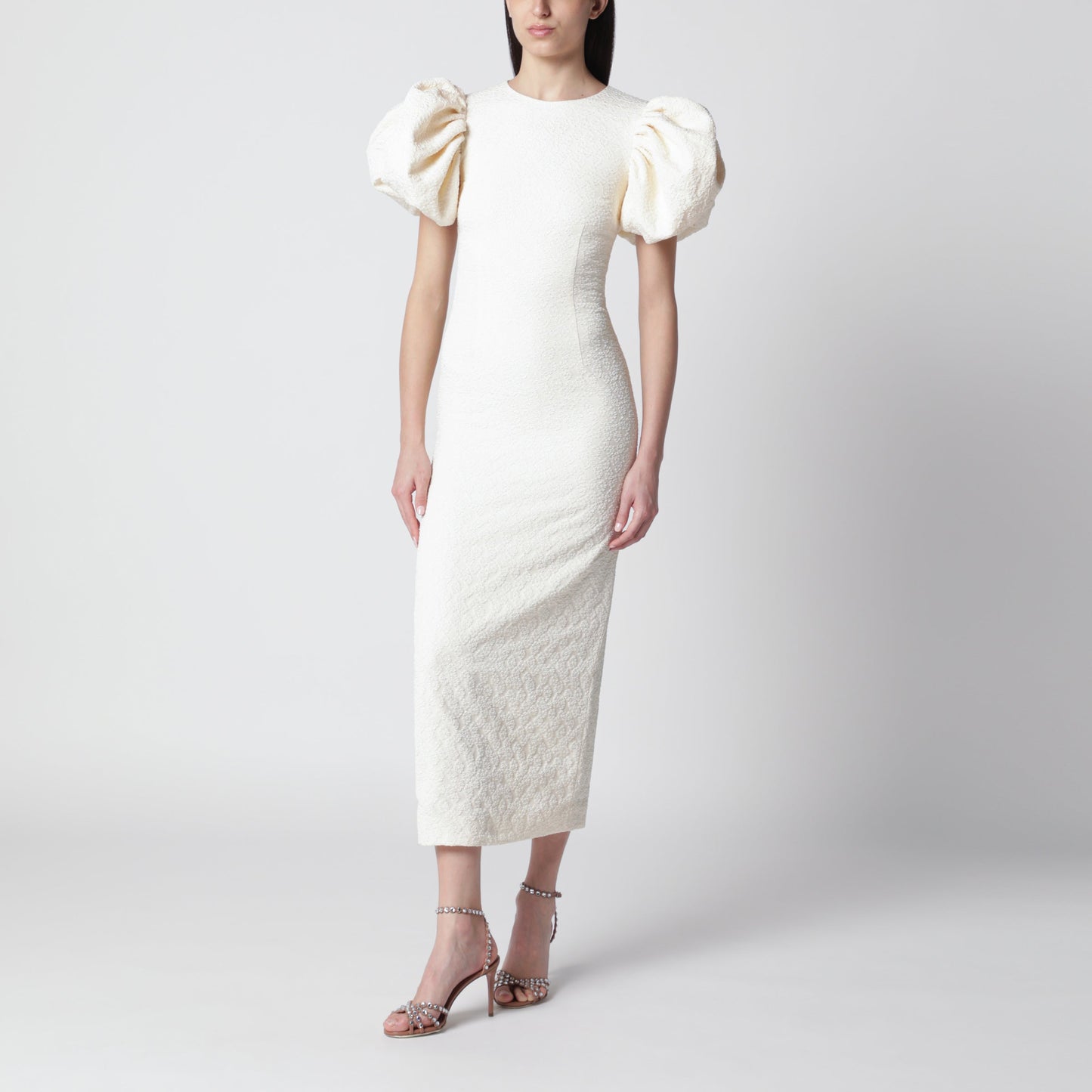Rotate Midi Balloon Jacquard Dress In White Women ROTATE
