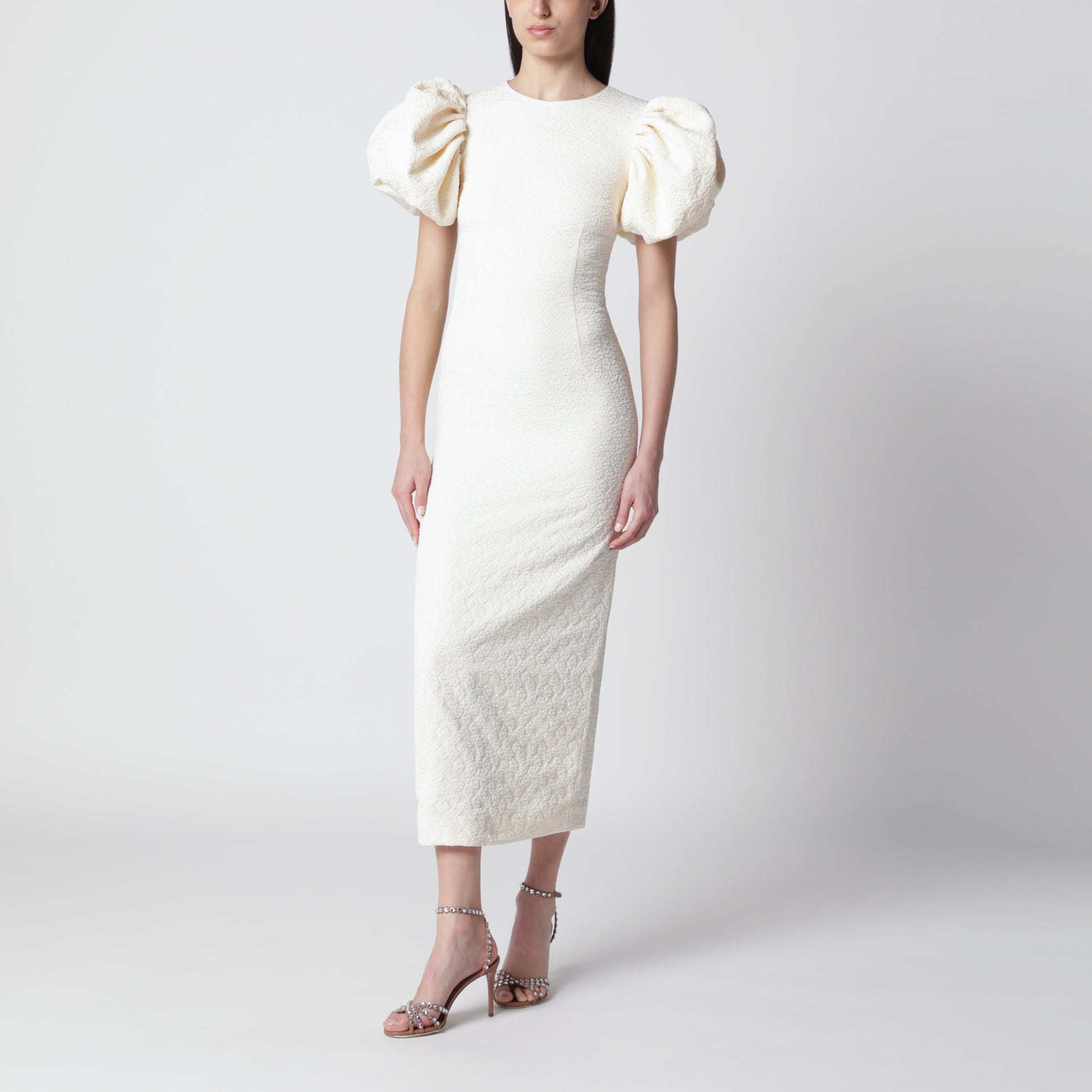 Rotate Midi Balloon Jacquard Dress In White Women ROTATE