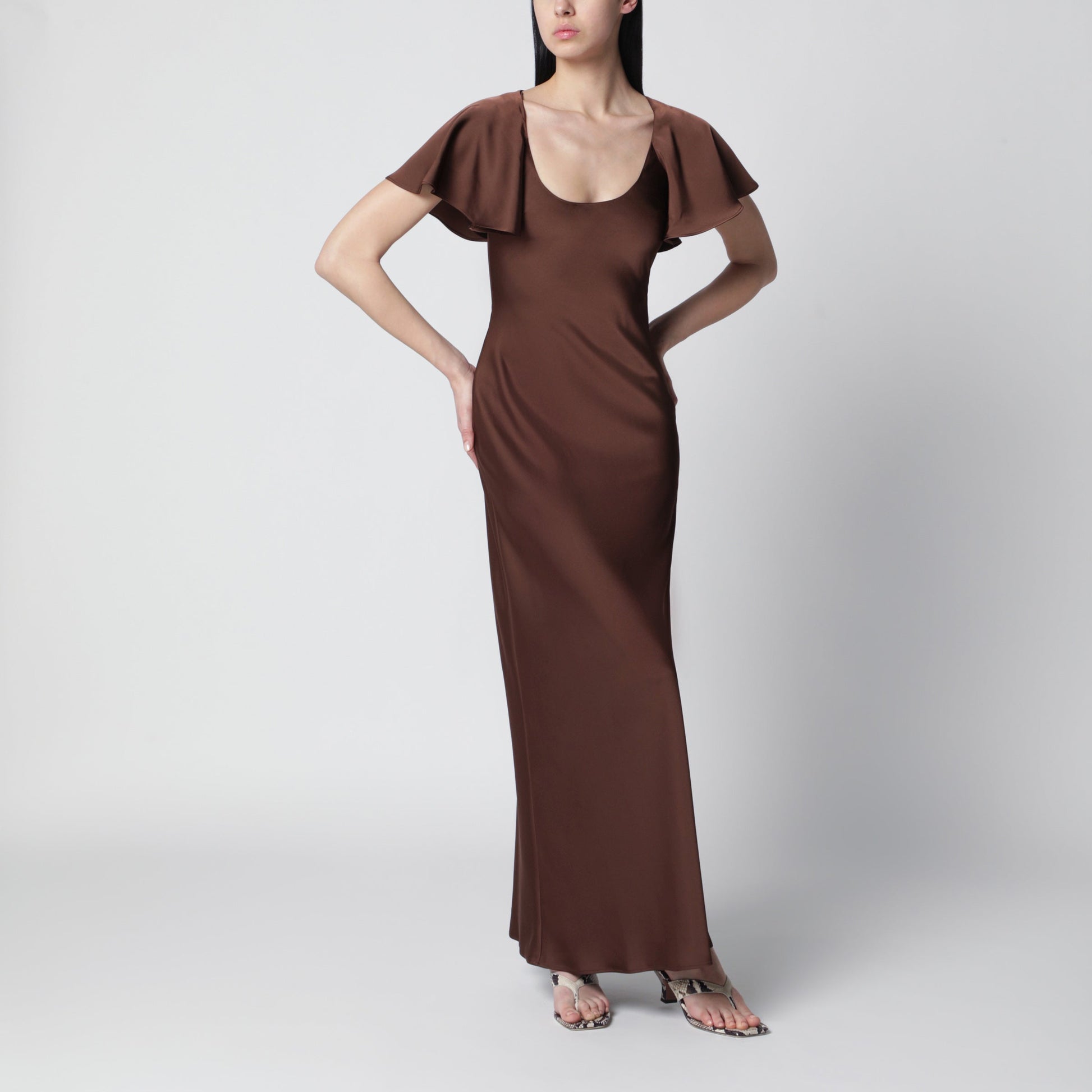 Rotate Long Satin Dress With Flutter Sleeves In Potting Soil Women ROTATE