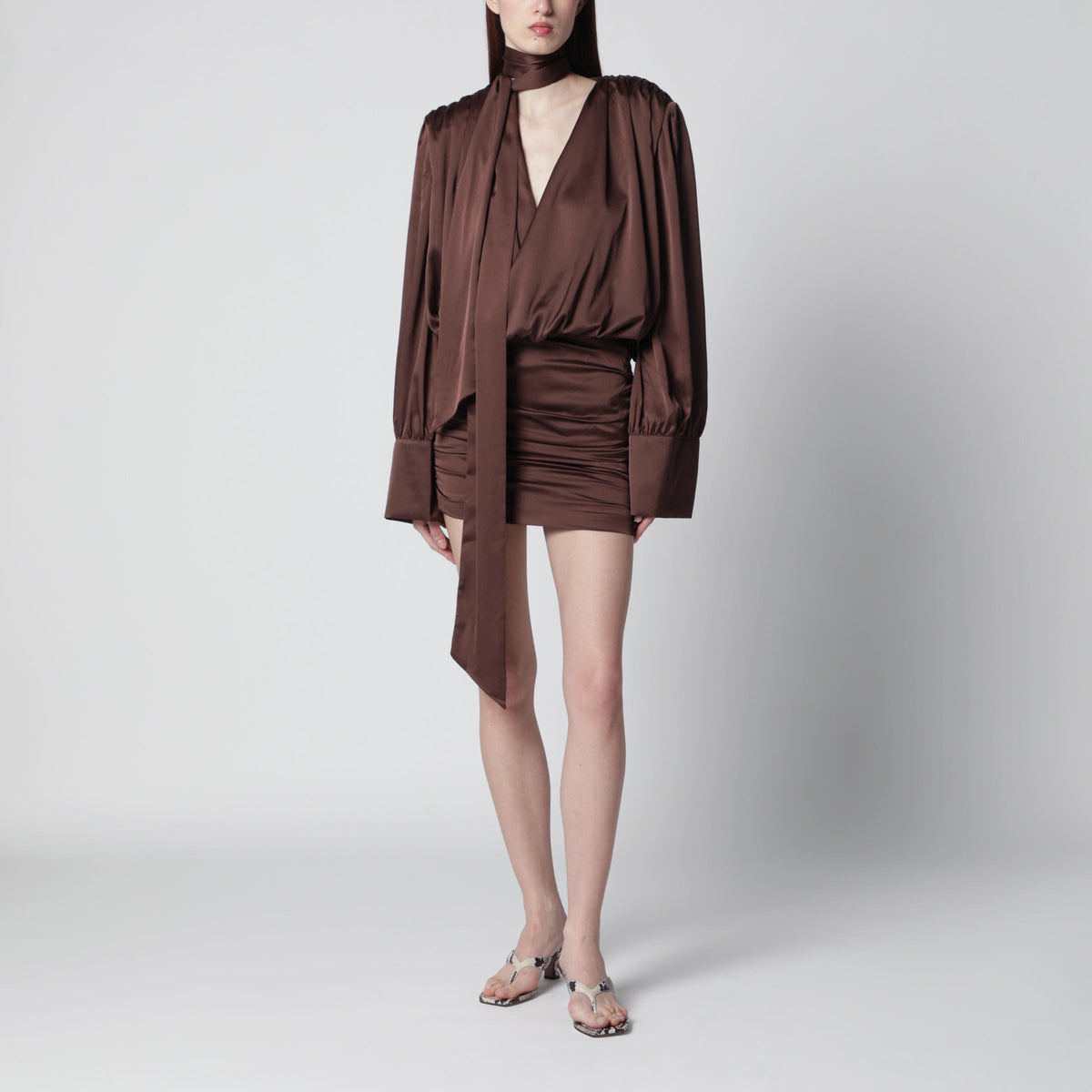 Rotate Short Chiffon Dress With Deep V-Neck And Bow, Brown Women ROTATE
