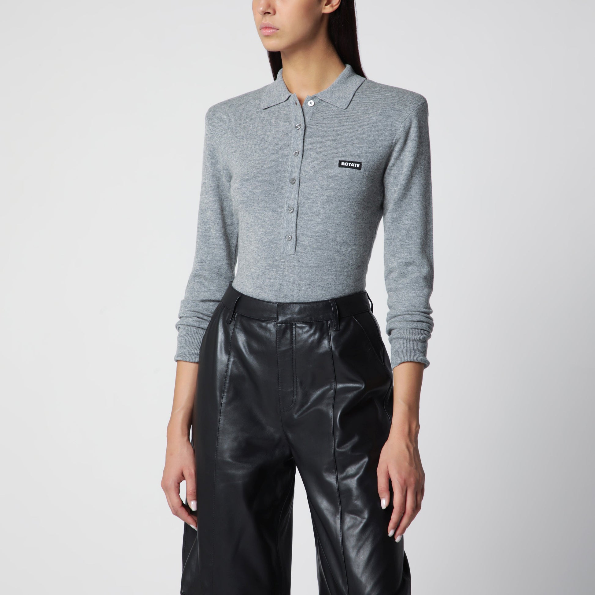Rotate Grey Wool Long-Sleeve Polo Shirt Women ROTATE