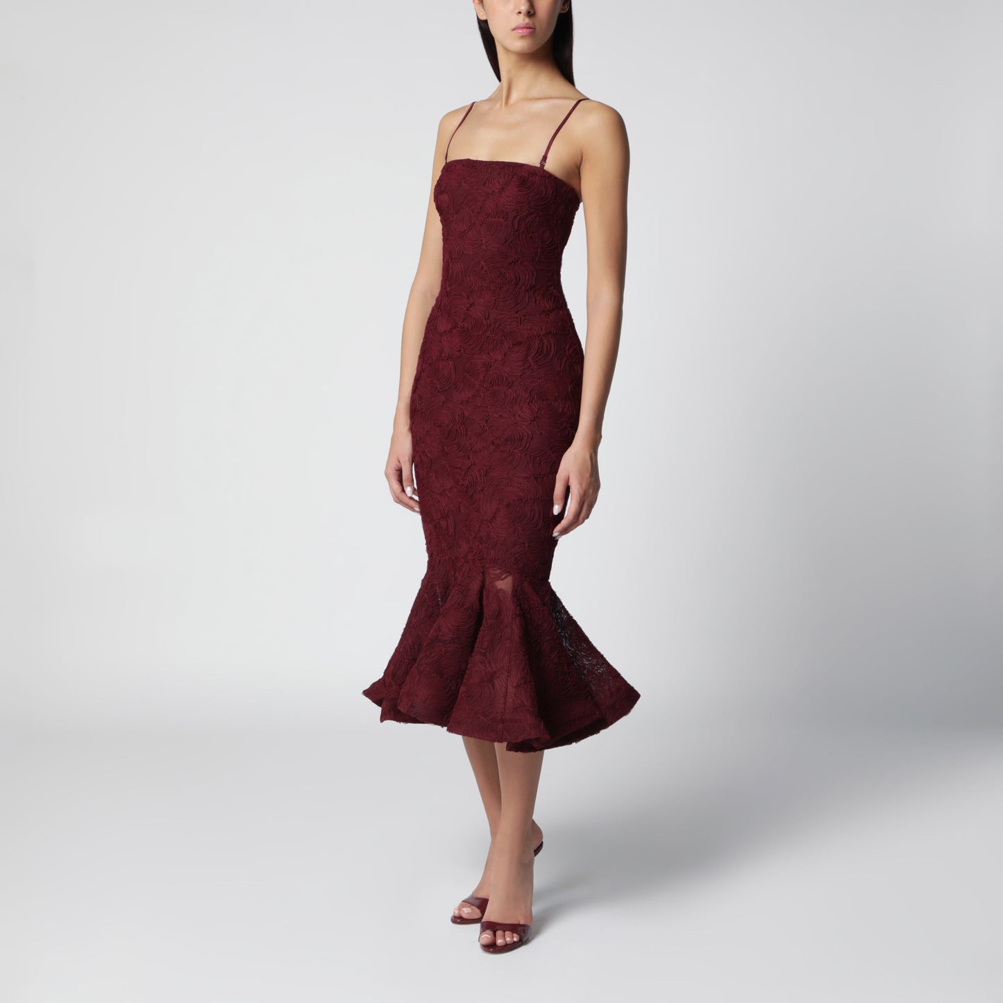 Rotate Burgundy Floral Mesh Ruffle Dress Women ROTATE