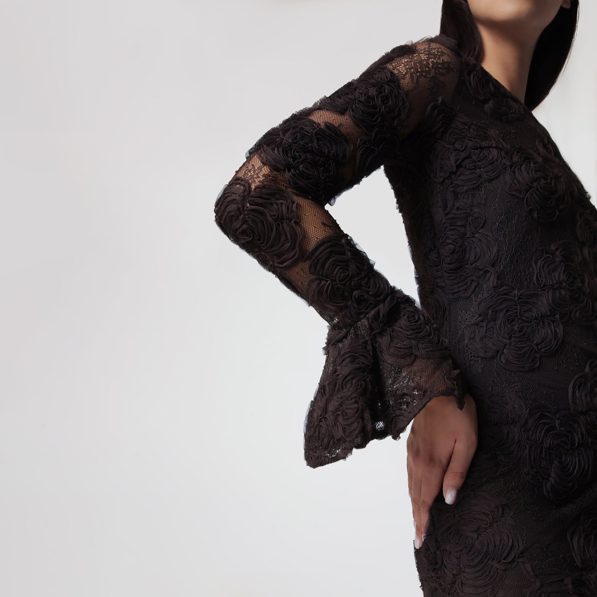 Rotate Dark Brown 3D Flower Floral Lace Mini Dress Women ROTATE
