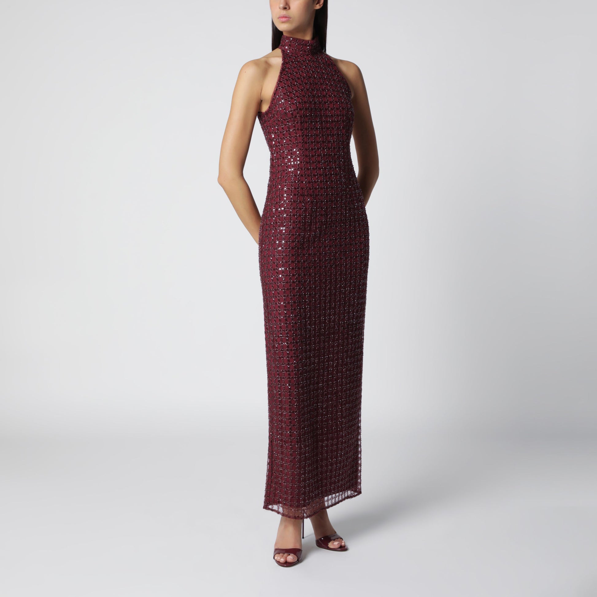 Rotate Burgundy Beaded Maxi Dress Women ROTATE