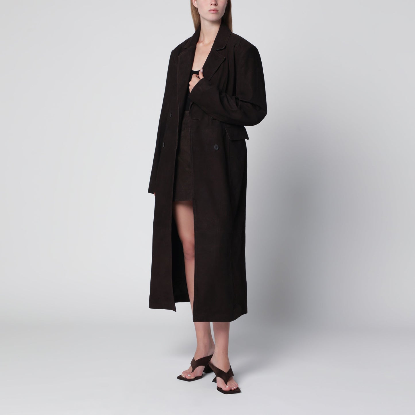 Rotate Dark Brown Double-Breasted Suede Coat Women ROTATE