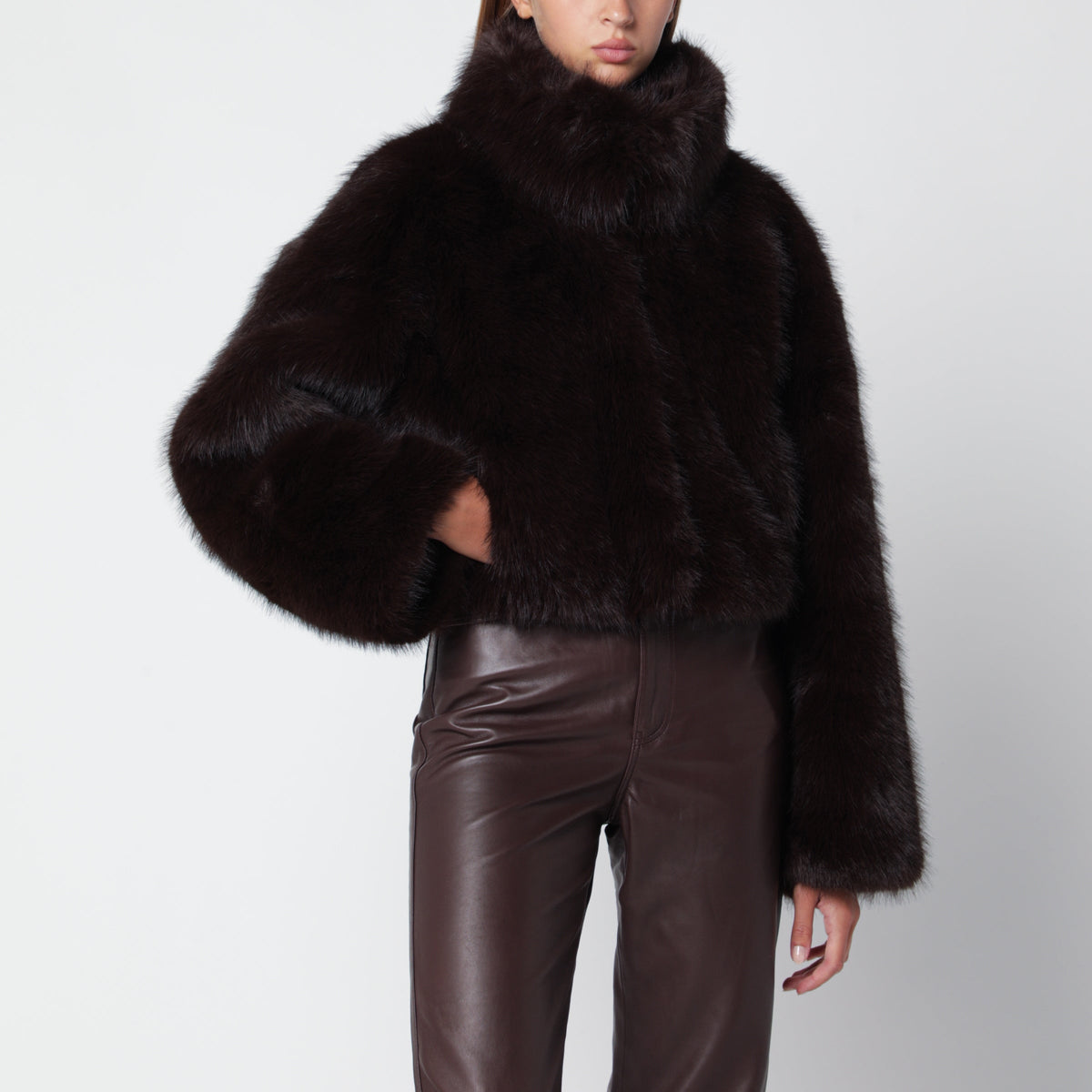 Rotate Short Taupe Faux Fur Jacket Women ROTATE