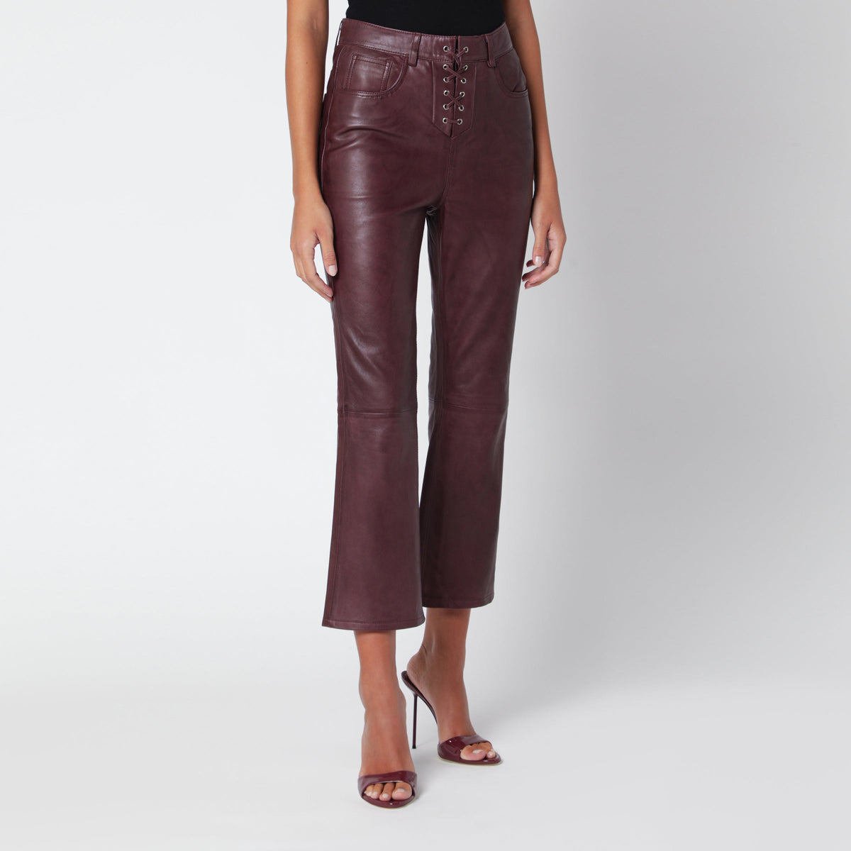 Rotate Brown Leather Flared Capri Pants Women ROTATE