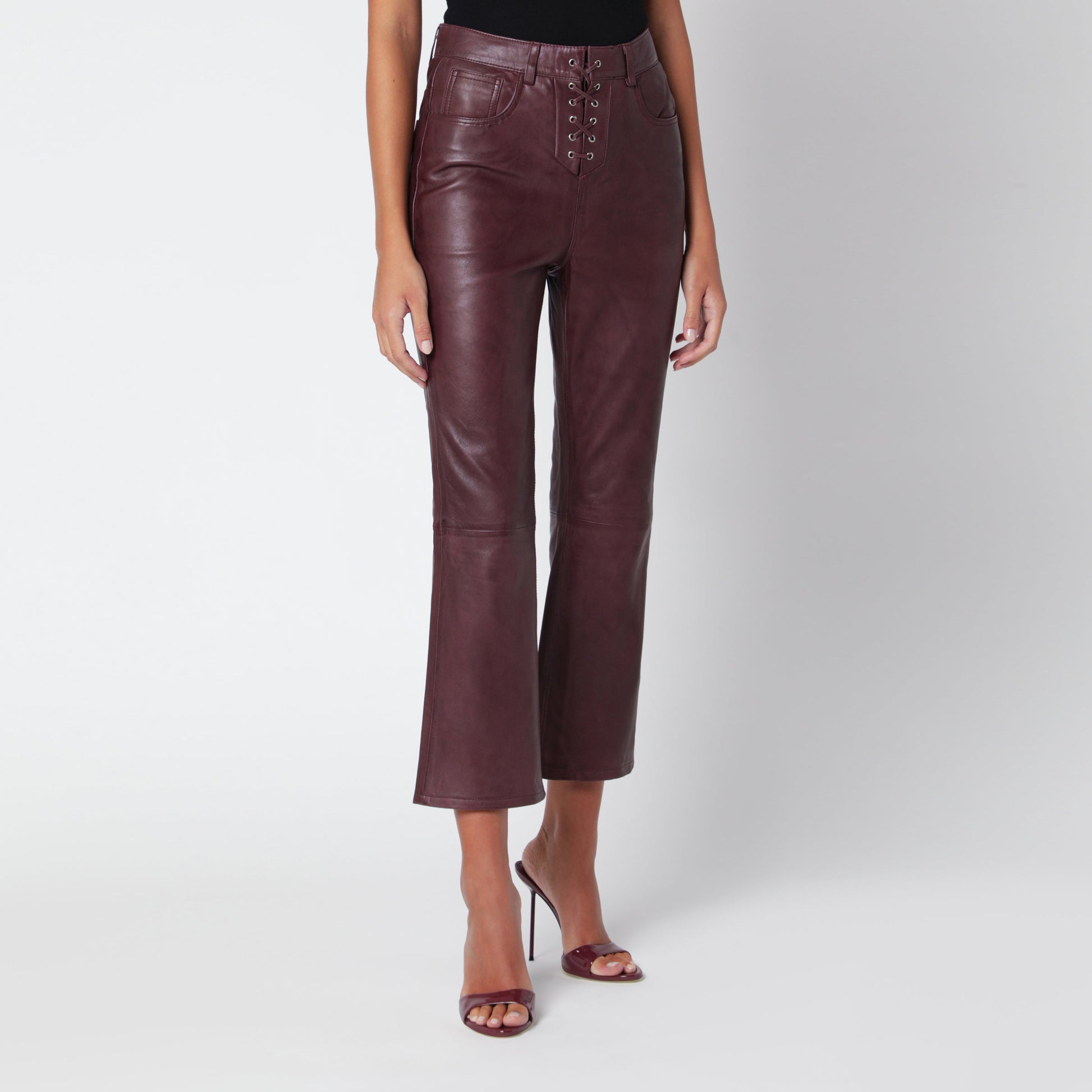 Rotate Brown Leather Flared Capri Pants Women ROTATE