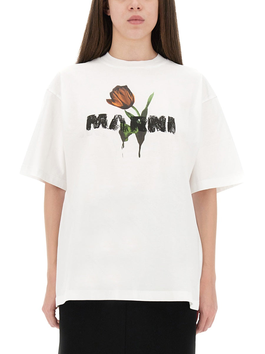Marni Women White Cotton T-Shirt With Tulip Print MARNI