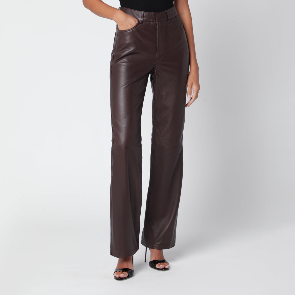 Rotate Mole-Colored Straight Leather Trousers Women ROTATE