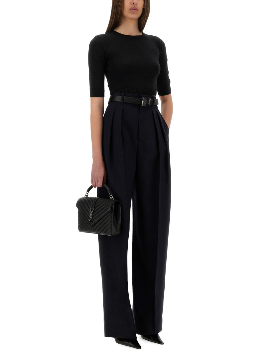 Saint Laurent Women Wide-Leg Pants In Grain De Poudre SAINT LAURENT