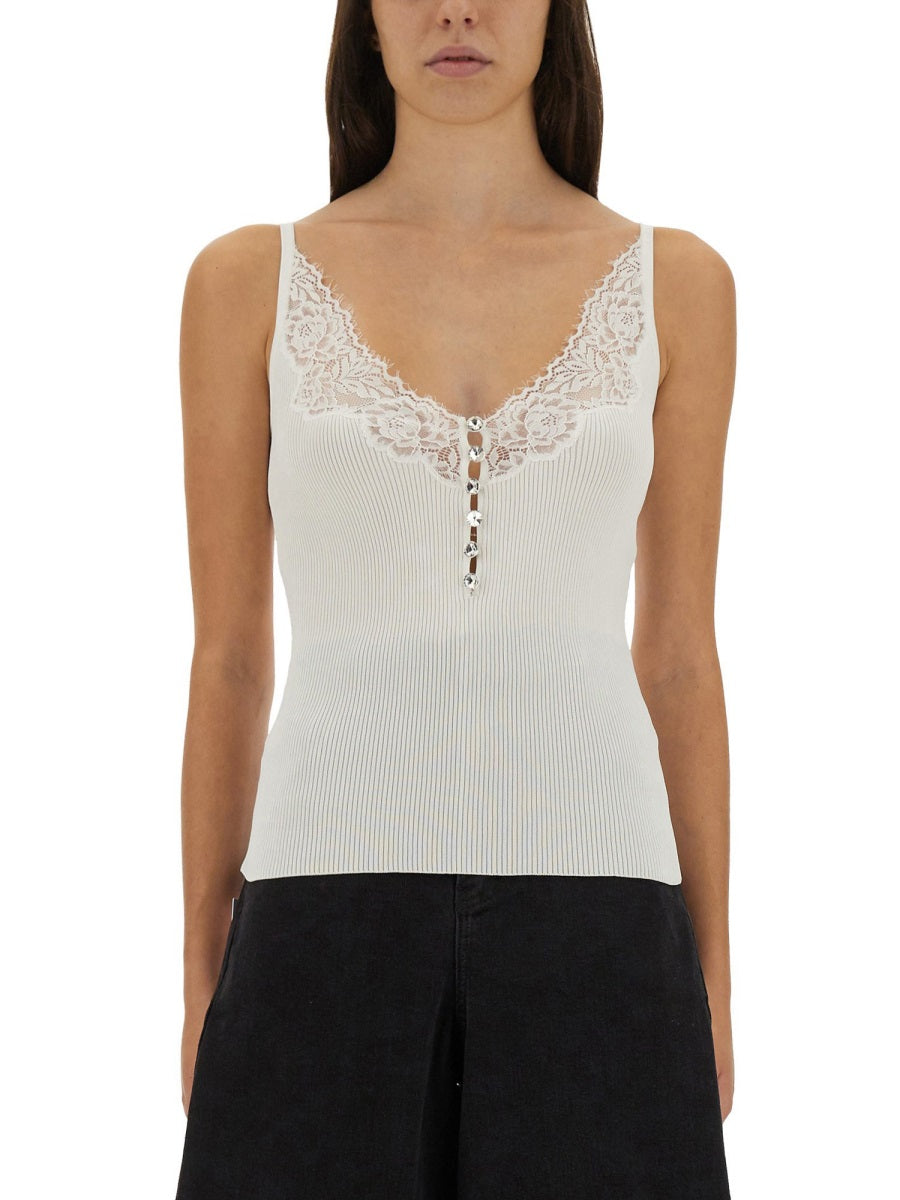 Self-Portrait Women Ribbed Knit Top With Lace SELF-PORTRAIT