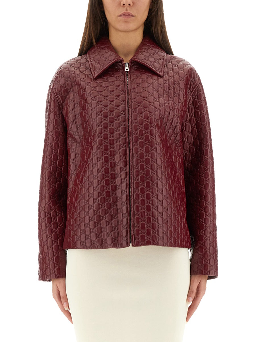 Gucci Women Oversized Leather Jacket With Embossed Gg GUCCI