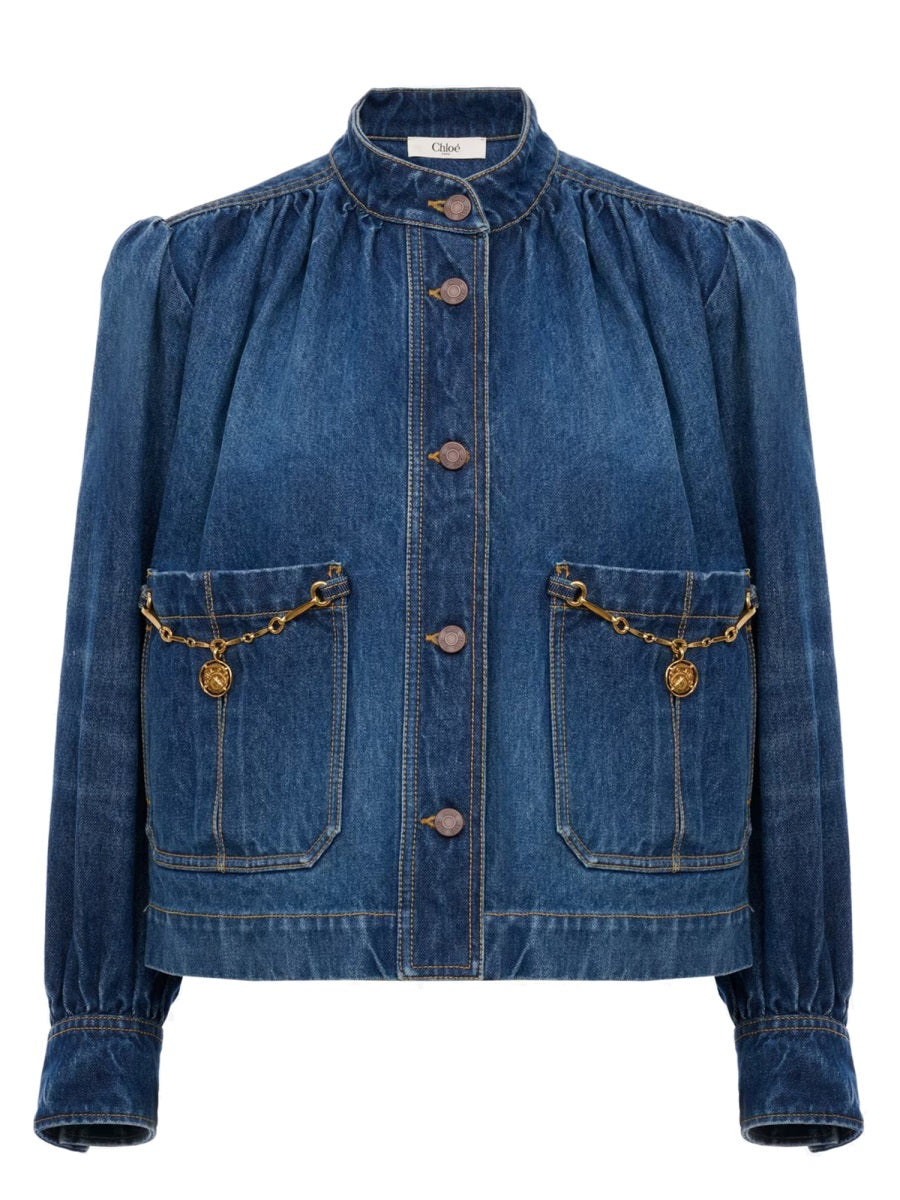 Chloé Women Denim High Neck Gathered Jacket CHLOE