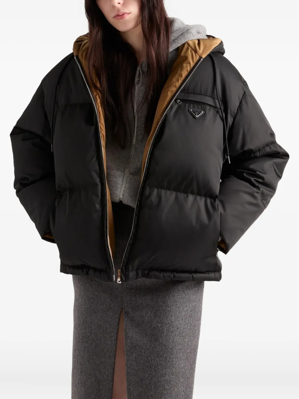 Prada Women Contrasting Lining Hooded Down Jacket PRADA