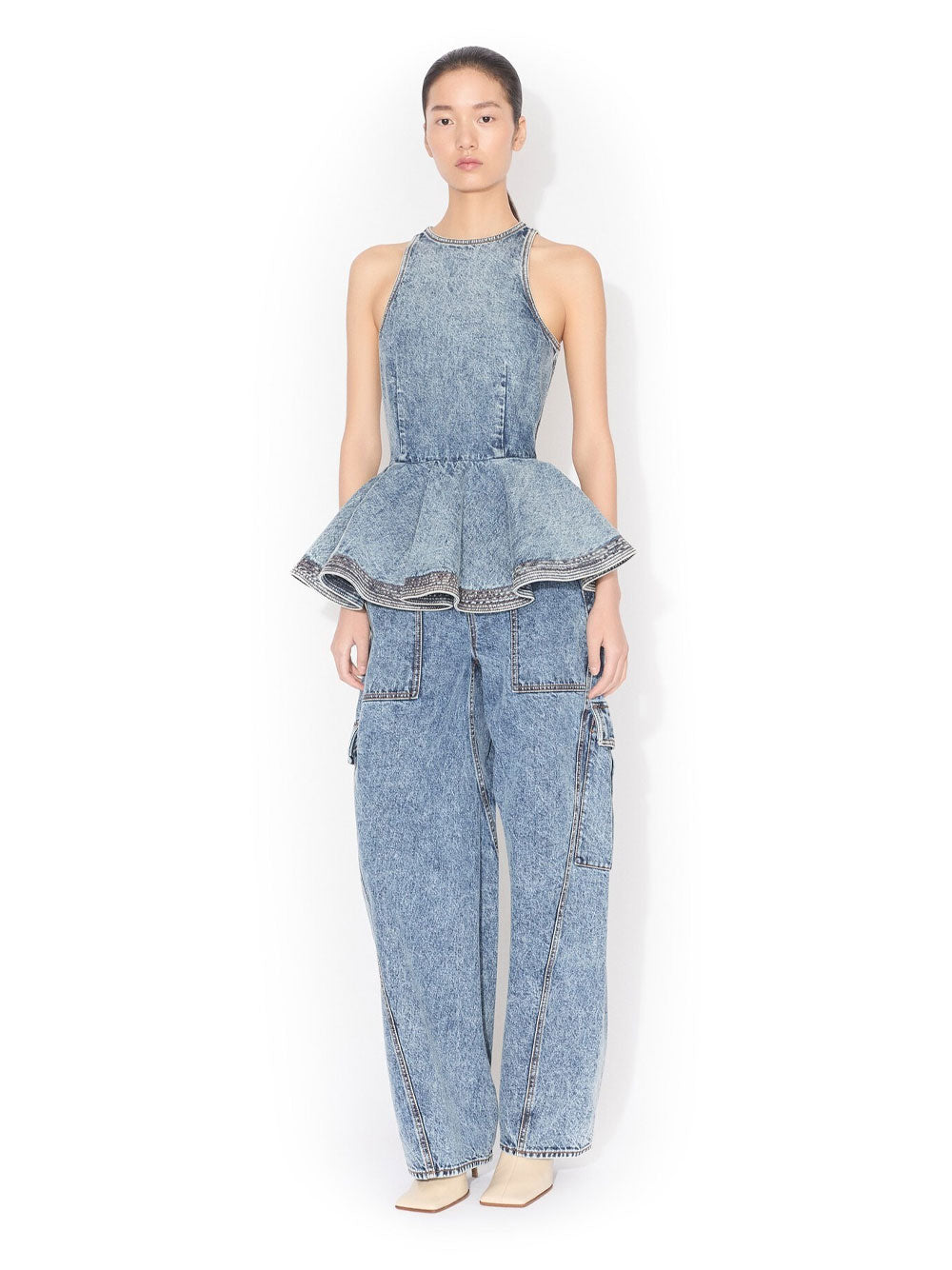 Alaia Women Peplum Denim Top With Ruffled Hem ALAIA