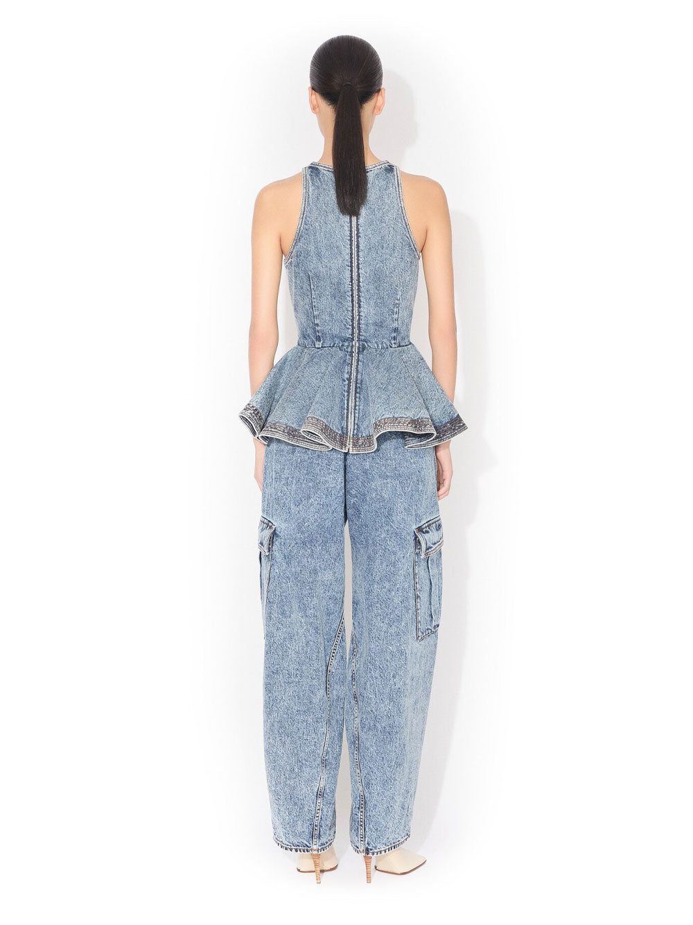 Alaia Women Peplum Denim Top With Ruffled Hem ALAIA