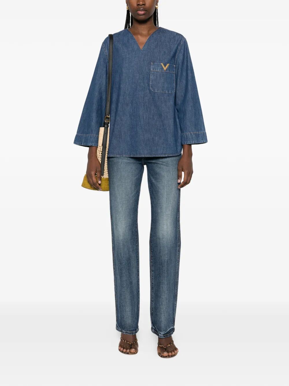 Valentino Garavani Women V-Neck Denim Shirt With Logo