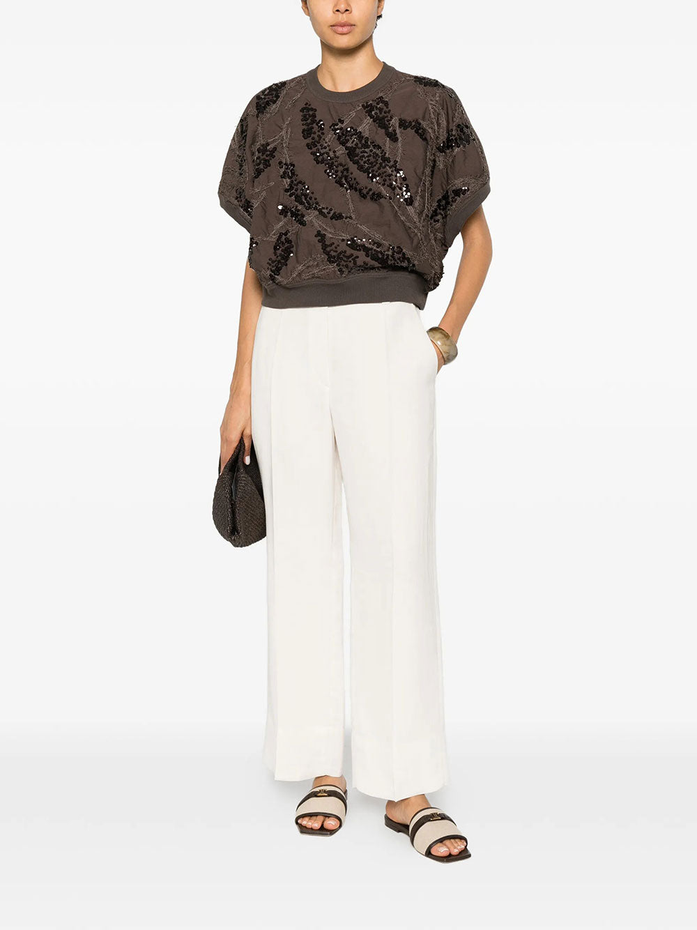 Brunello Cucinelli Women Viscose And Linen Fluid Twill Cigarette Trousers With Monili BRUNELLO CUCINELLI