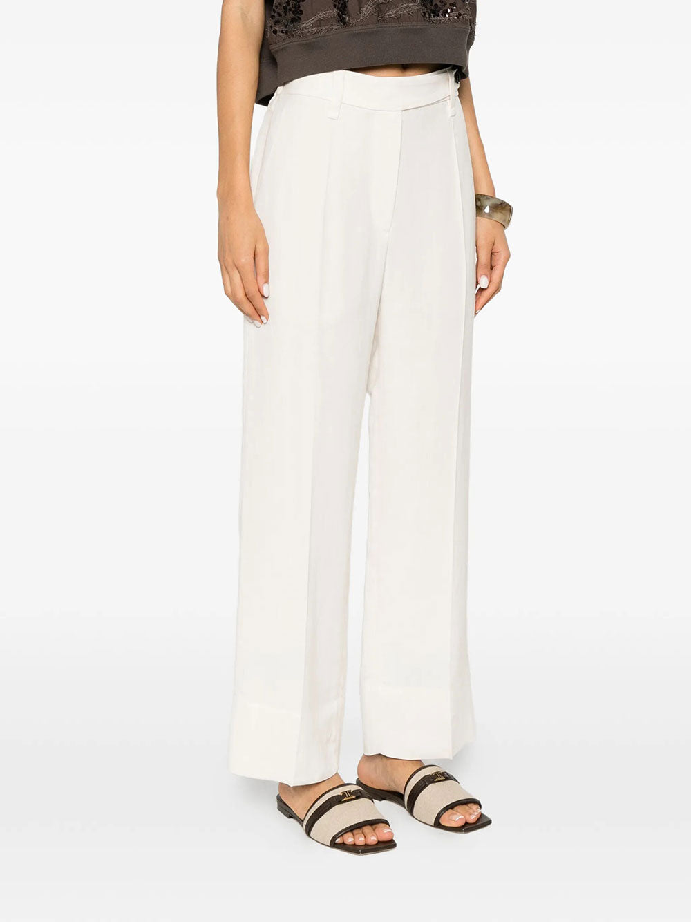 Brunello Cucinelli Women Viscose And Linen Fluid Twill Cigarette Trousers With Monili BRUNELLO CUCINELLI