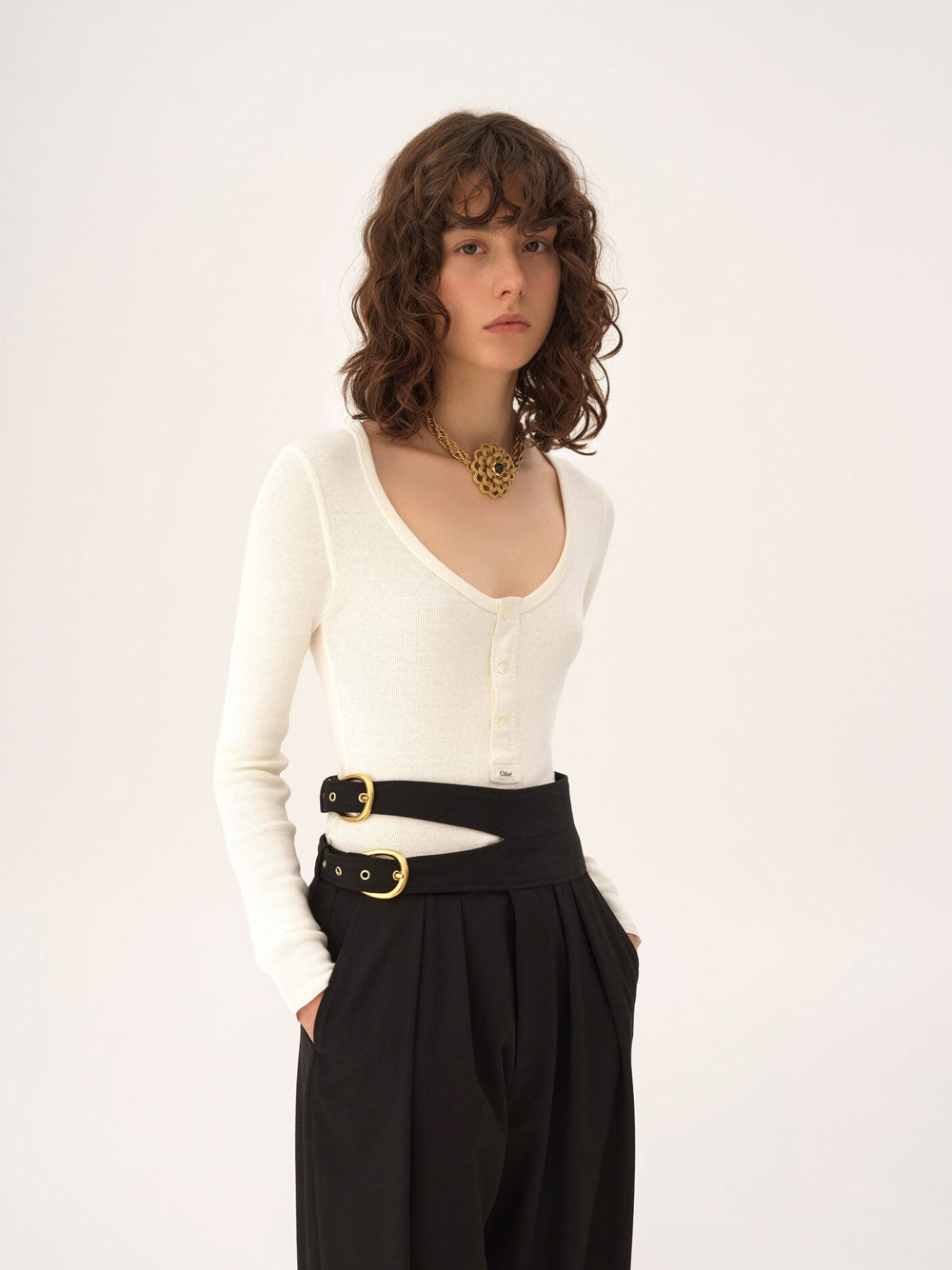 Chloe Women Scoop-Neck Cotton Jersey Henley Top CHLOE