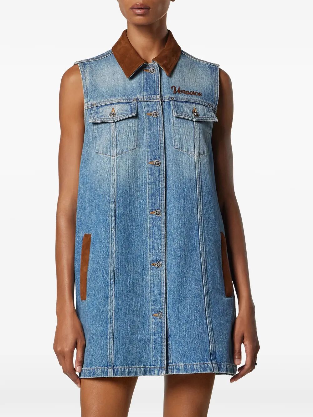 Versace Women Denim A-Line Dress With Suede Details VERSACE