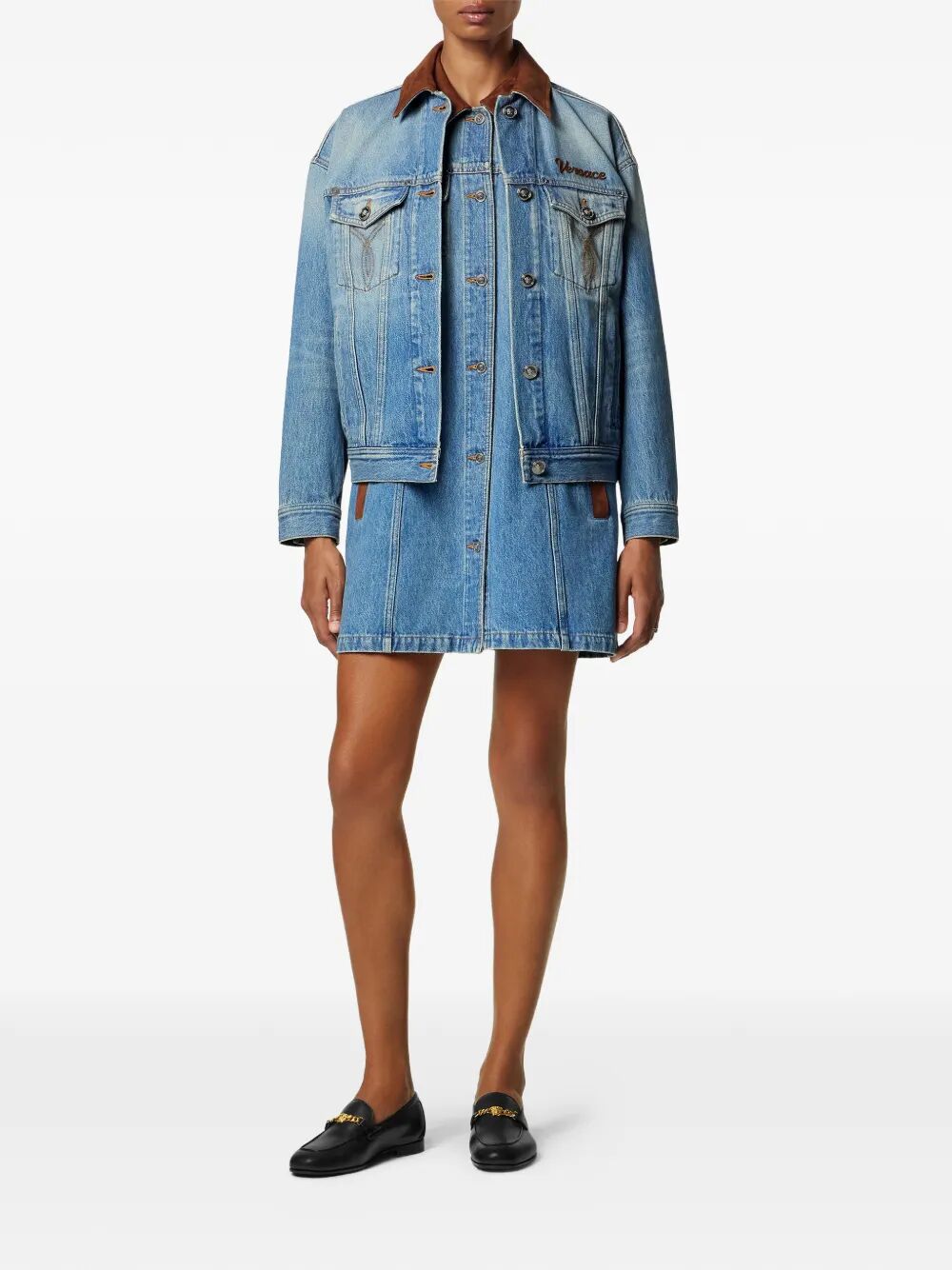 Versace Women Denim A-Line Dress With Suede Details VERSACE