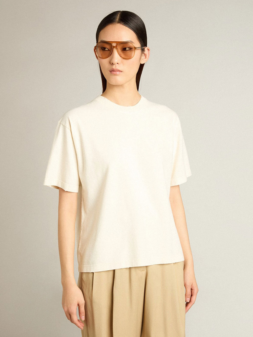 Golden Goose Women Aged-Effect Cotton T-Shirt With Reverse Logo On The Back GOLDEN GOOSE